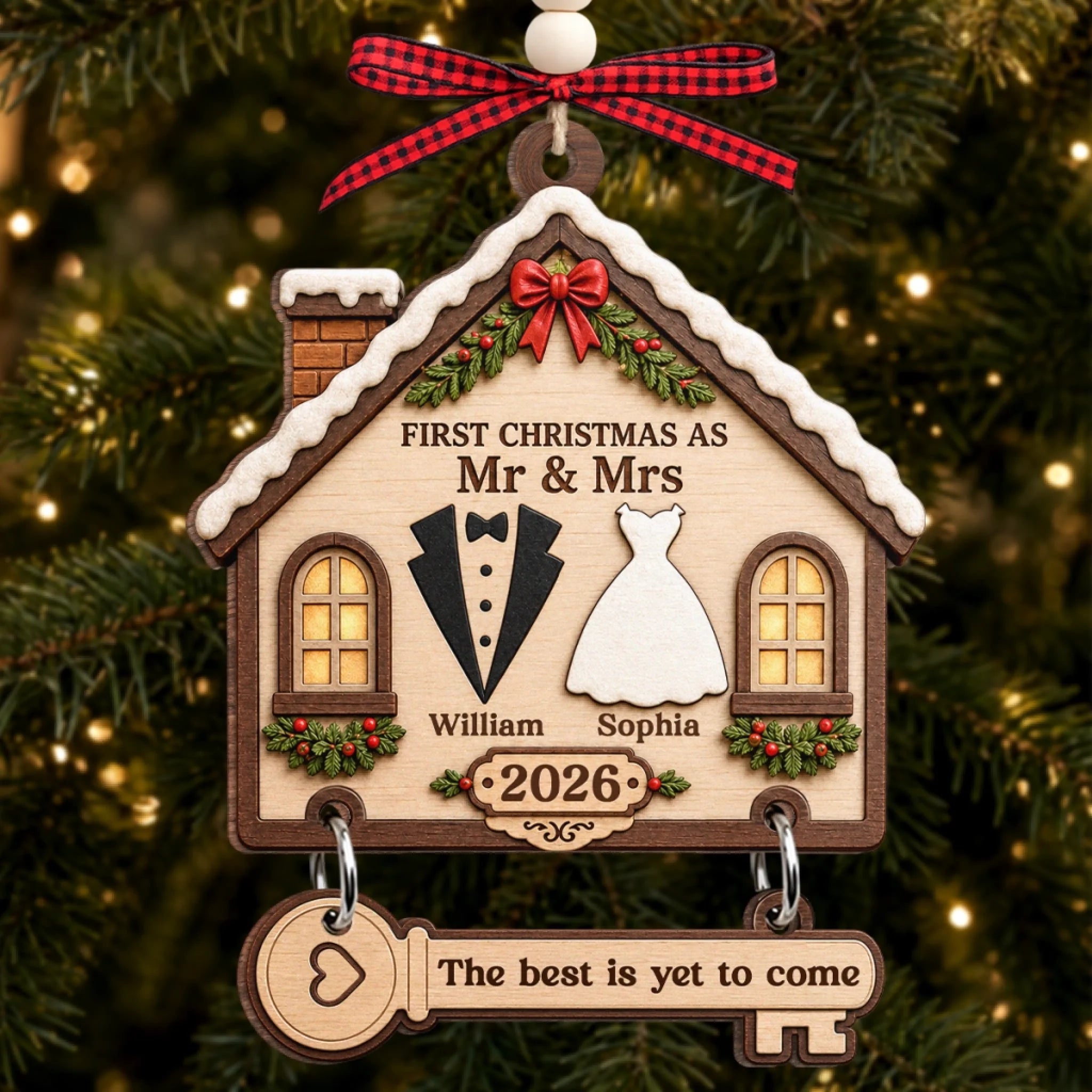 Custom First Christmas Wooden Ornament With Tag, Personalized Wedding Anniversary Gift for Couples