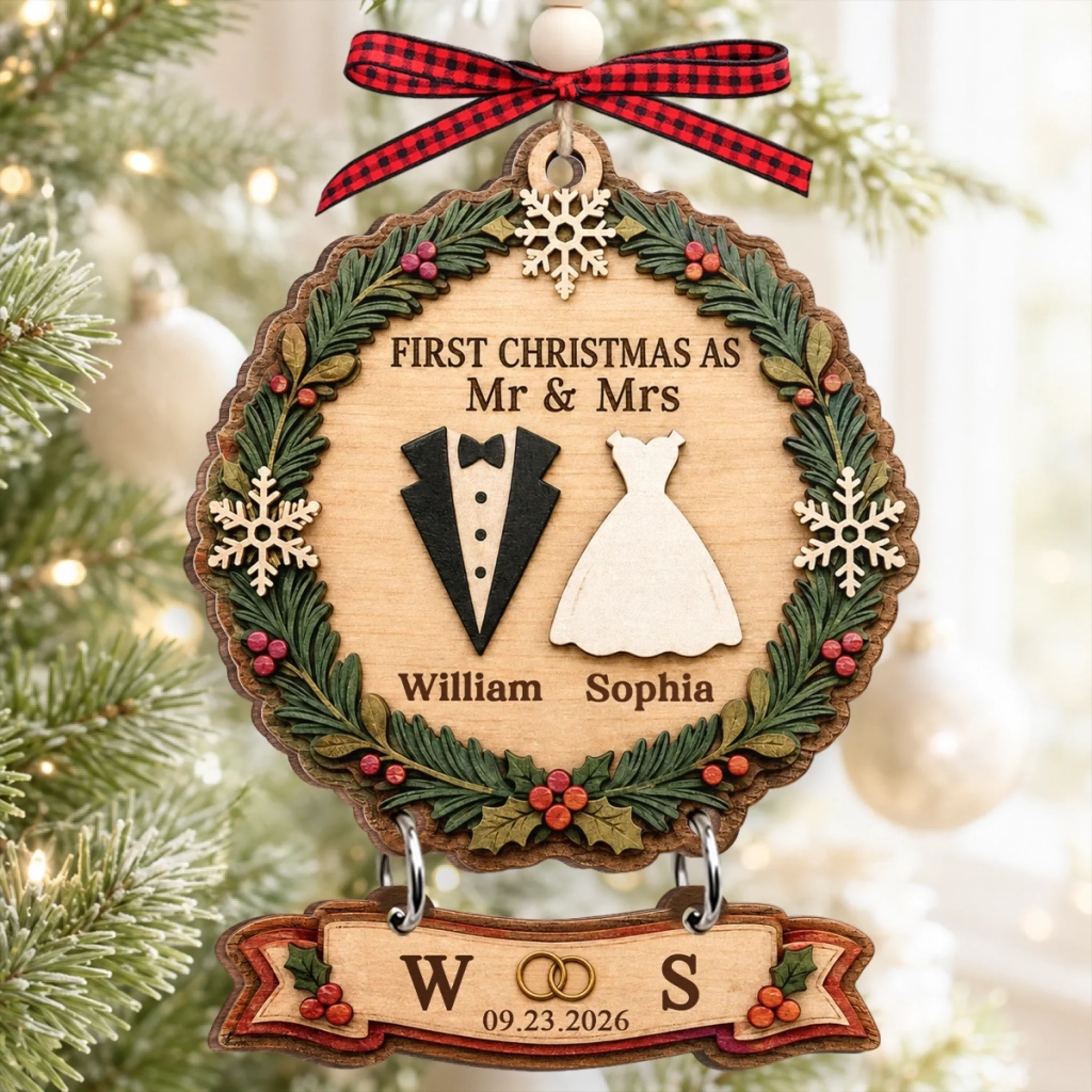 Custom First Christmas Wooden Ornament With Tag, Personalized Wedding Anniversary Gift for Husband and Wife