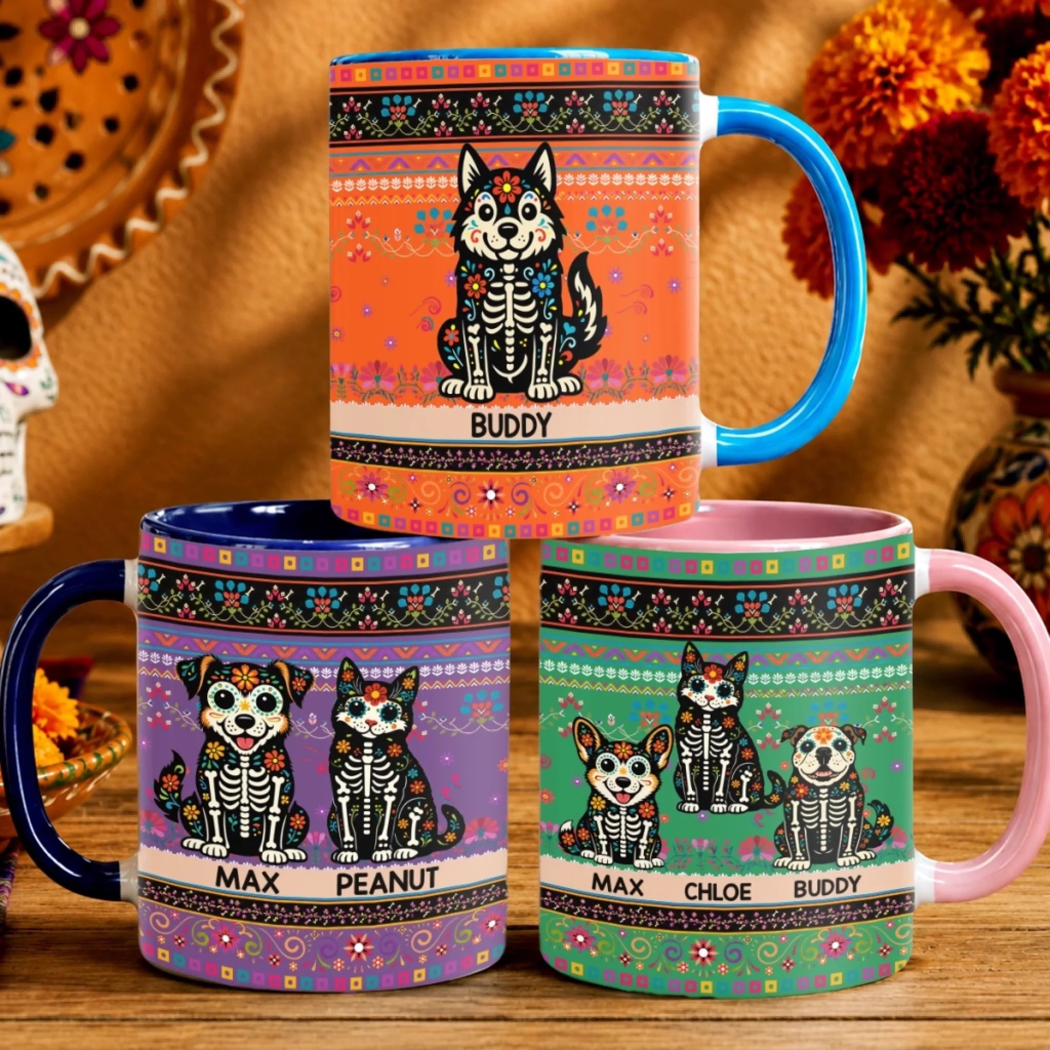 Custom Photo Day of the Dead Accent Mug, Personalized Birthday Gift for Dog Moms, Cat Dads and Pet Lovers