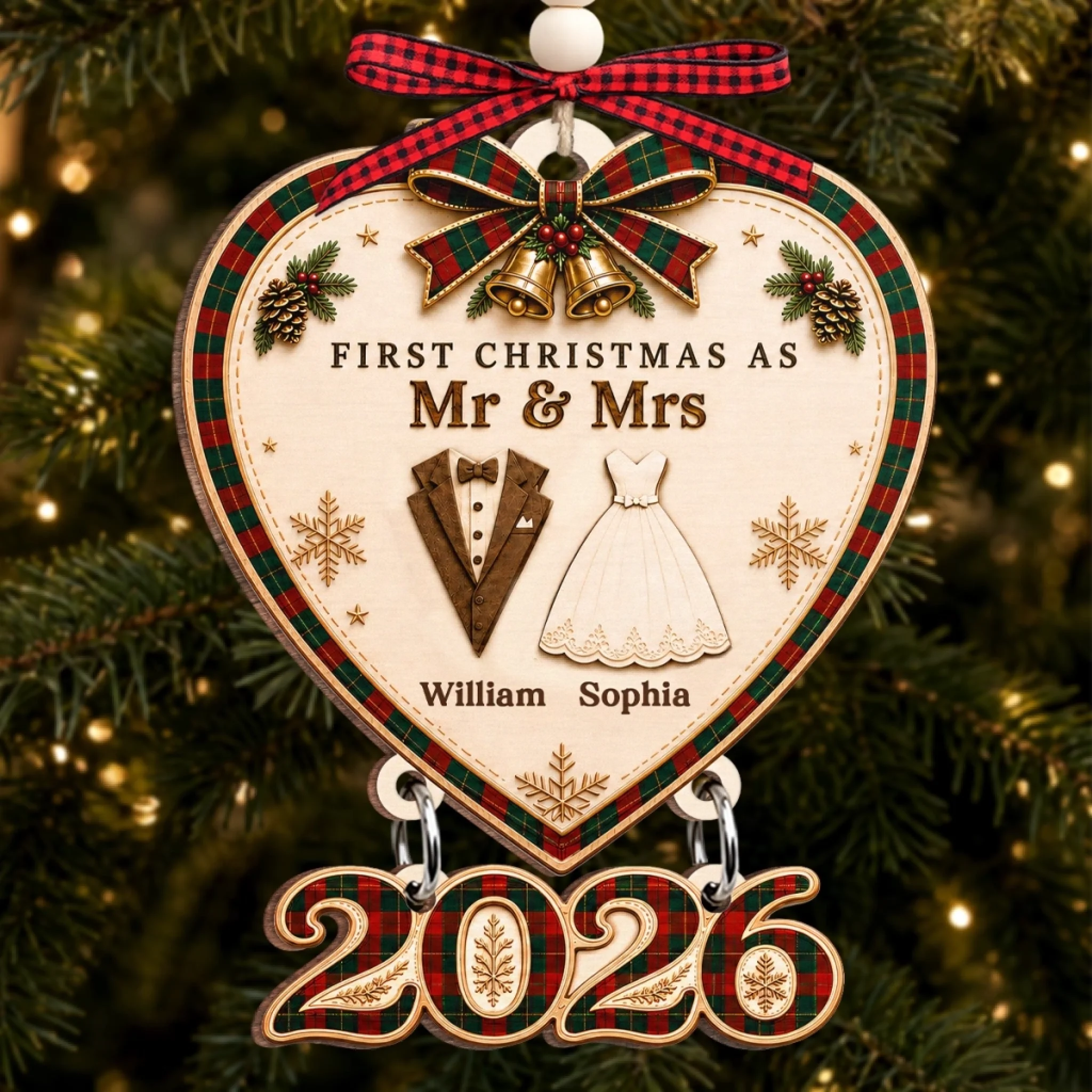 Personalized First Christmas Wooden Ornament With Tag, Anniversary Wedding Gift for Couples