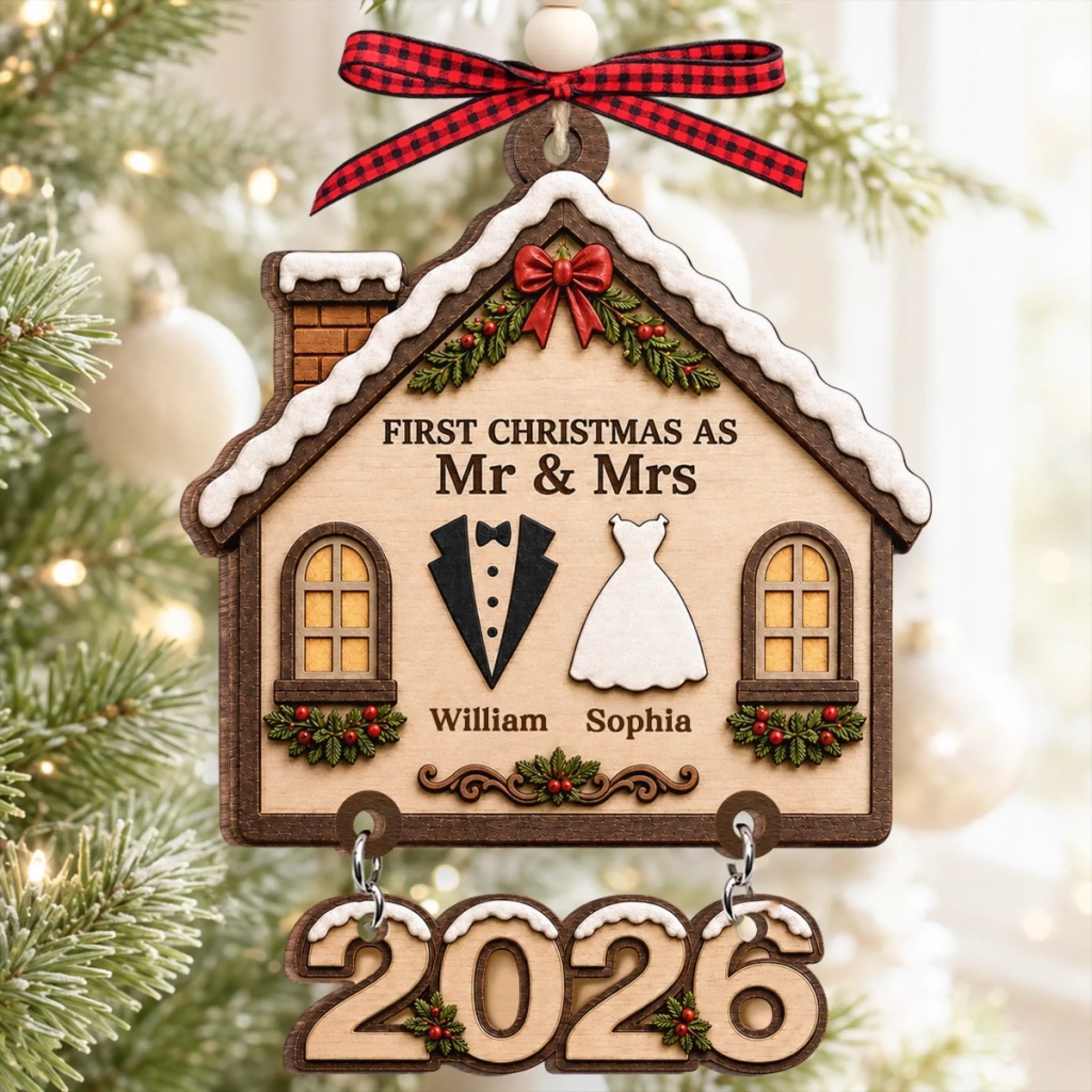 Custom First Christmas Wooden Ornament With Tag, Personalized Wedding Anniversary Gift for Husband and Wife