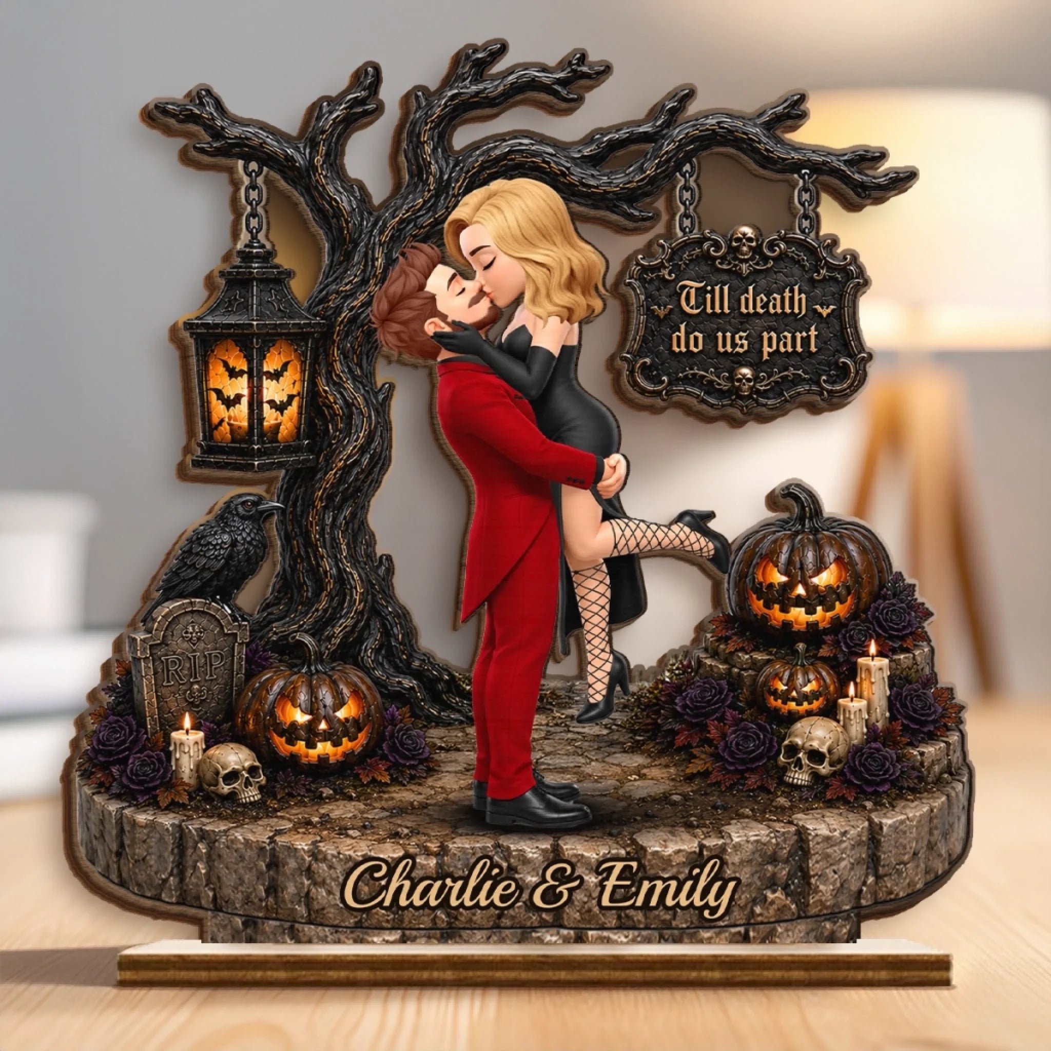 Custom 2-Layered Wooden Plaque, Personalized Halloween Decor & Anniversary Gift for Couples