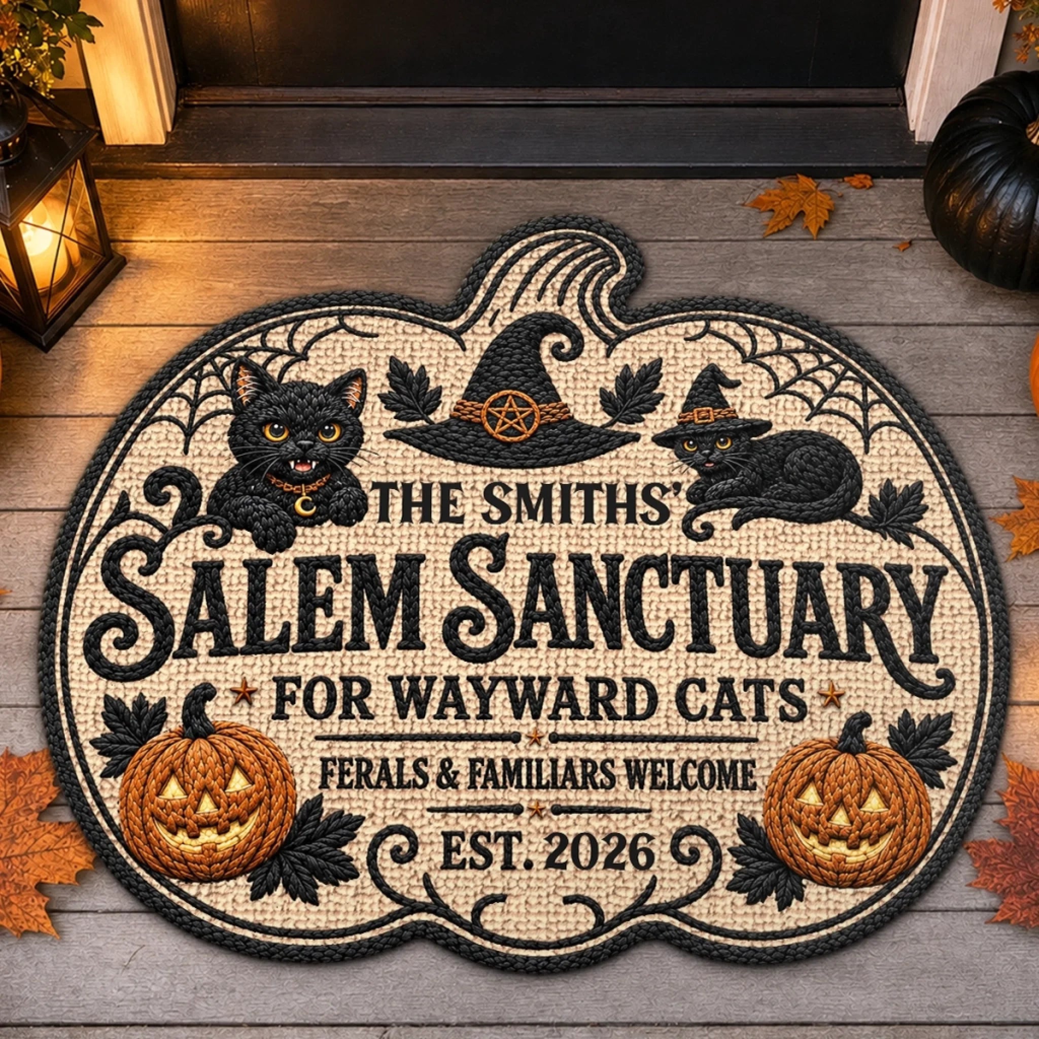 Custom Shaped Doormat Personalized Halloween Home of Spooky Cats Gift for Mom Dad Brother Sister