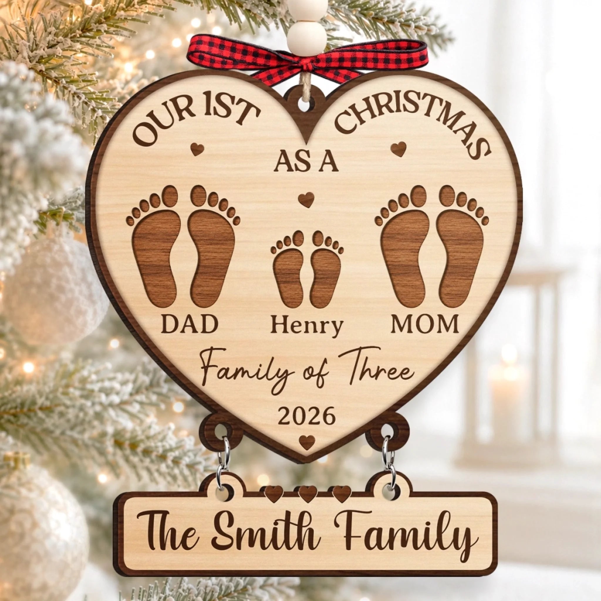 Custom First Christmas Wooden Ornament With Tag - Personalized Family Gift for Mom, Dad, Brother or Sister