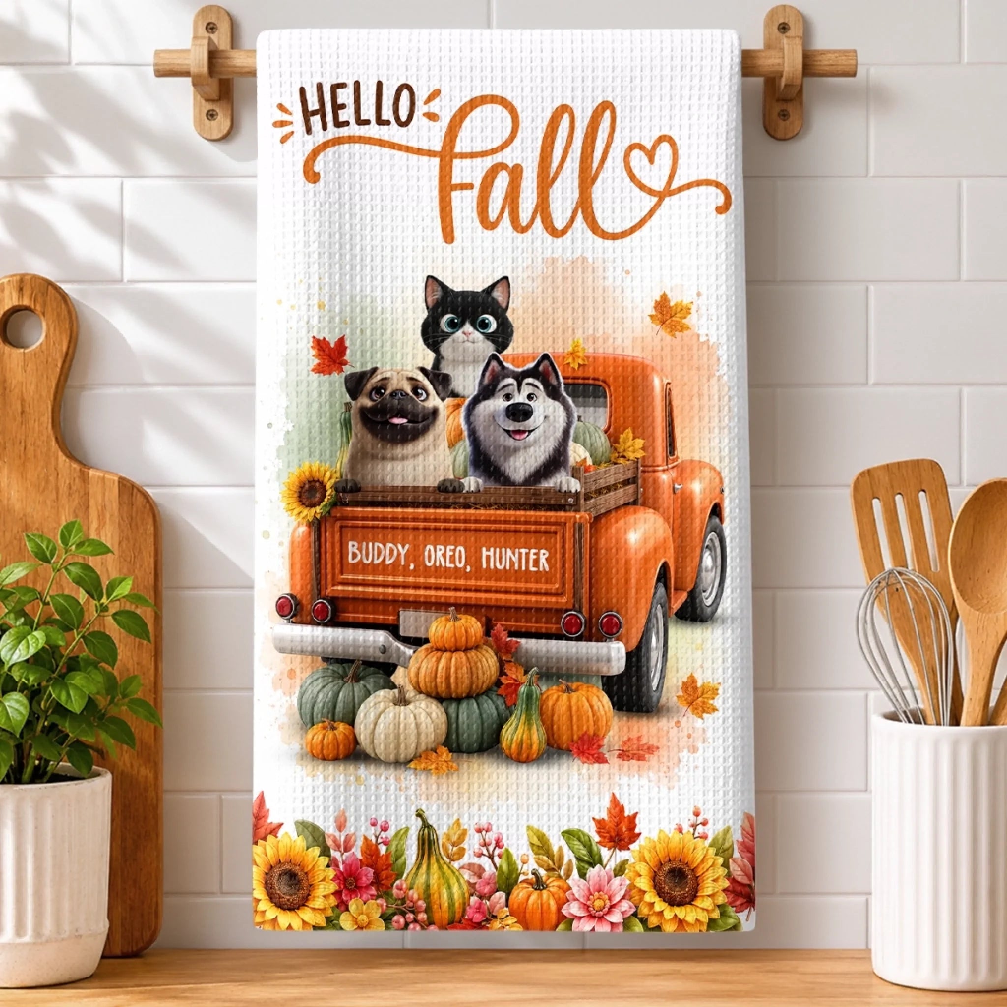 Custom Kitchen Towel Personalized Birthday Gift for Dog and Cat Lovers, Pet Mom or Dad Hello Fall