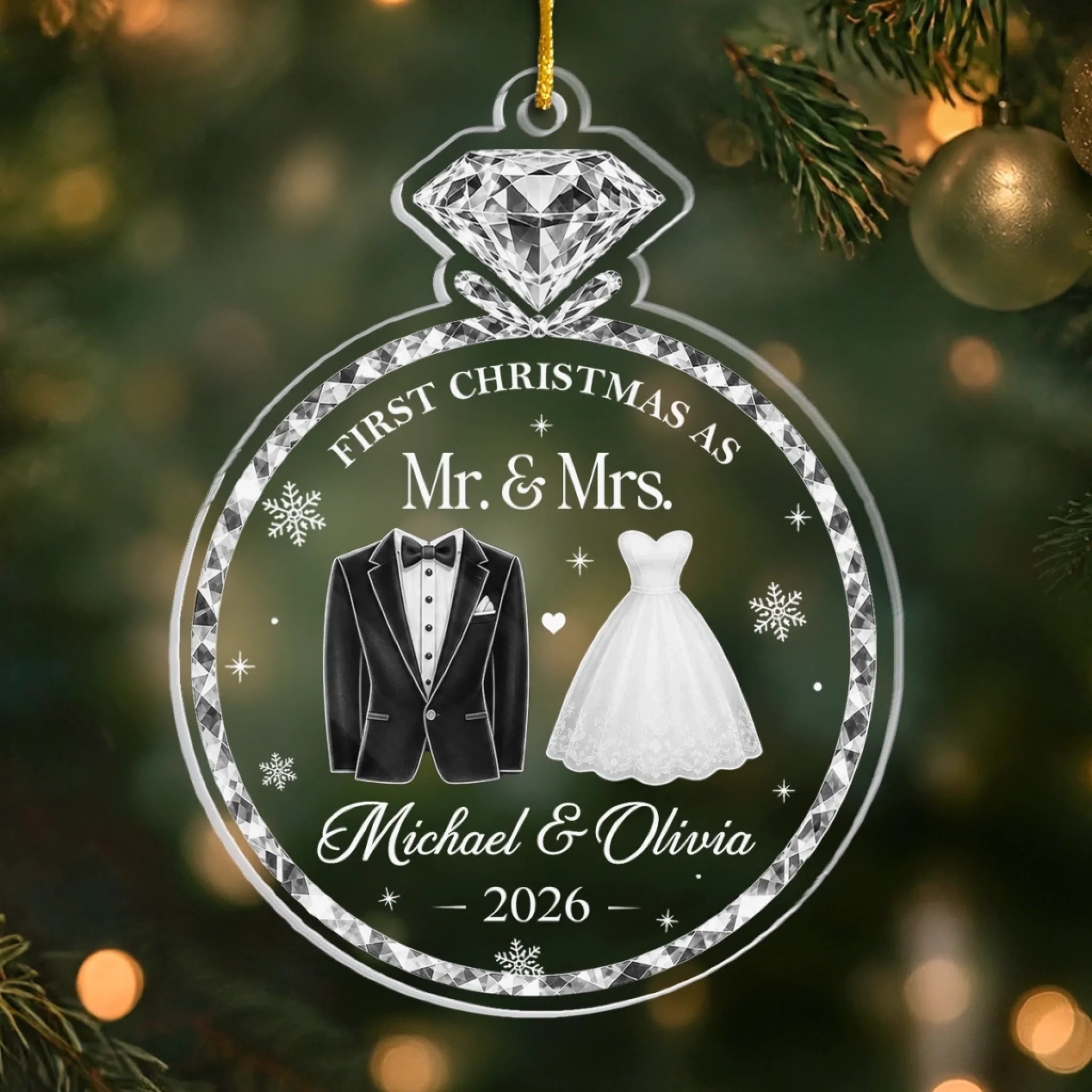 Personalized First Christmas Acrylic Ornament, Diamond Love Wedding Anniversary Gift for Husband and Wife