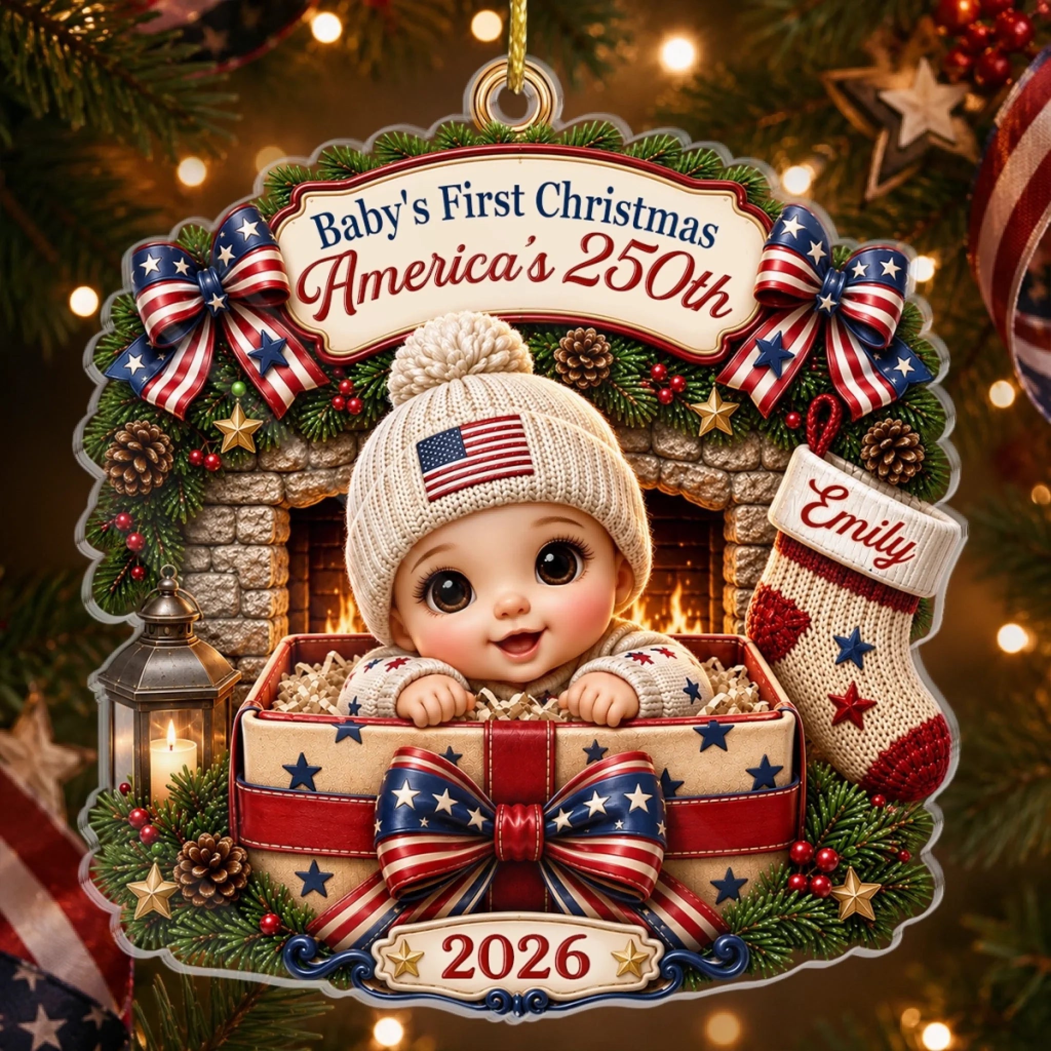 Custom First Christmas Acrylic Ornament Personalized America 250th Anniversary Gift for New Parents