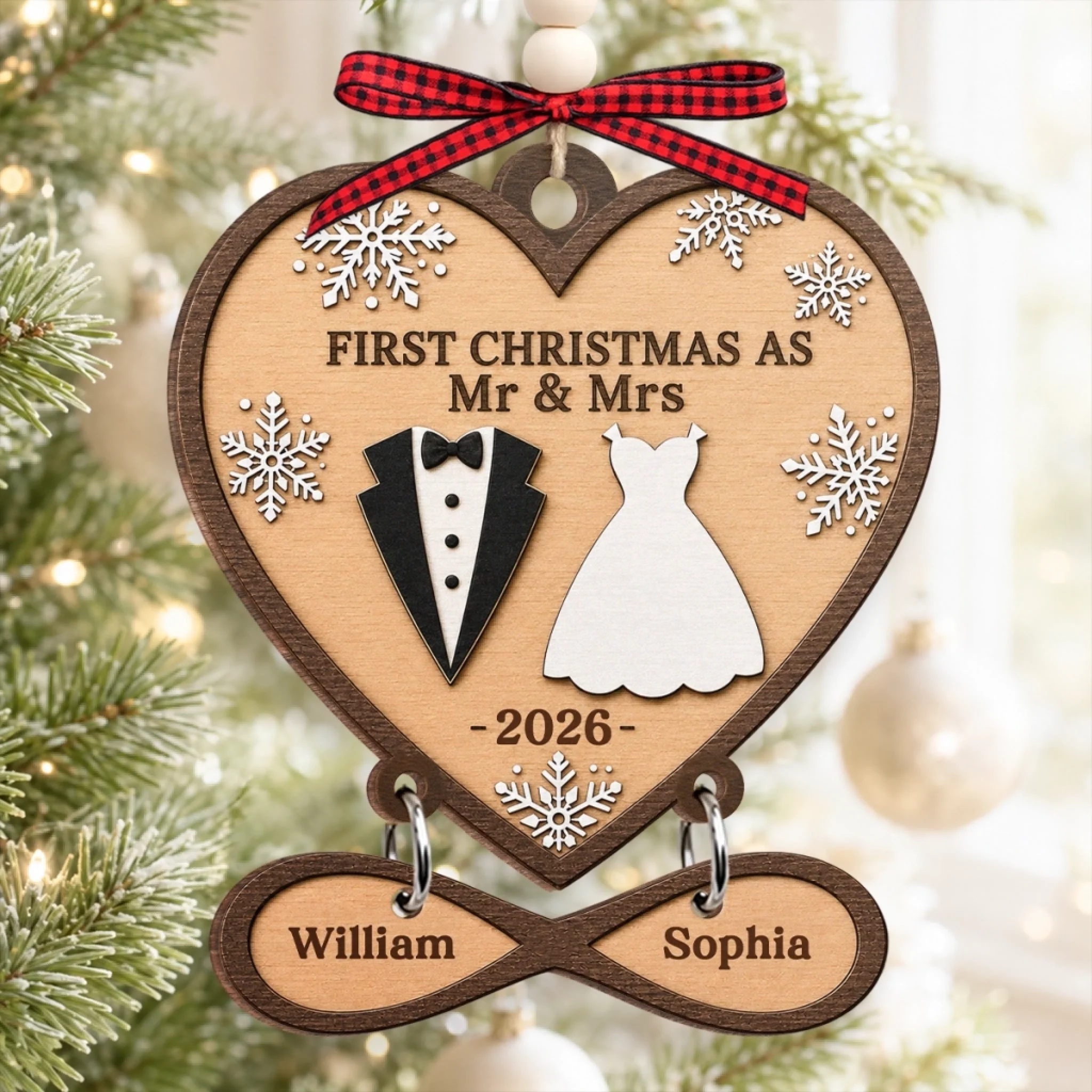 Personalized First Christmas Wooden Ornament With Tag, Custom Wedding Anniversary Gift for Couple