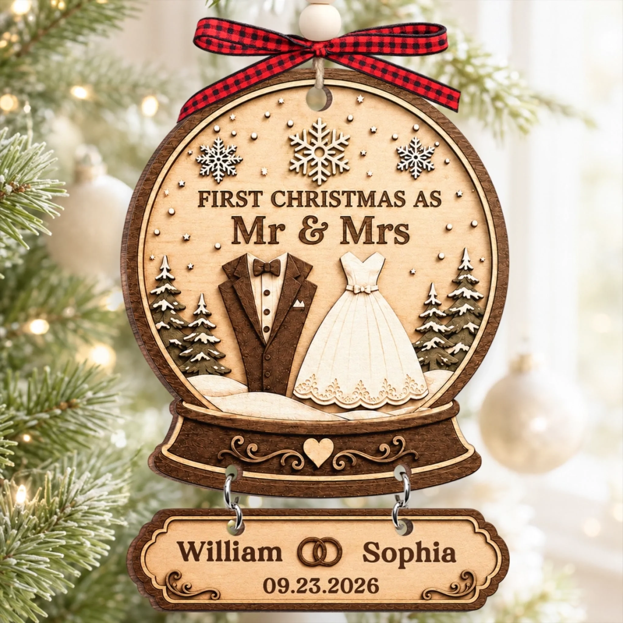 Custom First Christmas Wooden Ornament With Tag, Personalized Wedding Anniversary Gift for Husband and Wife