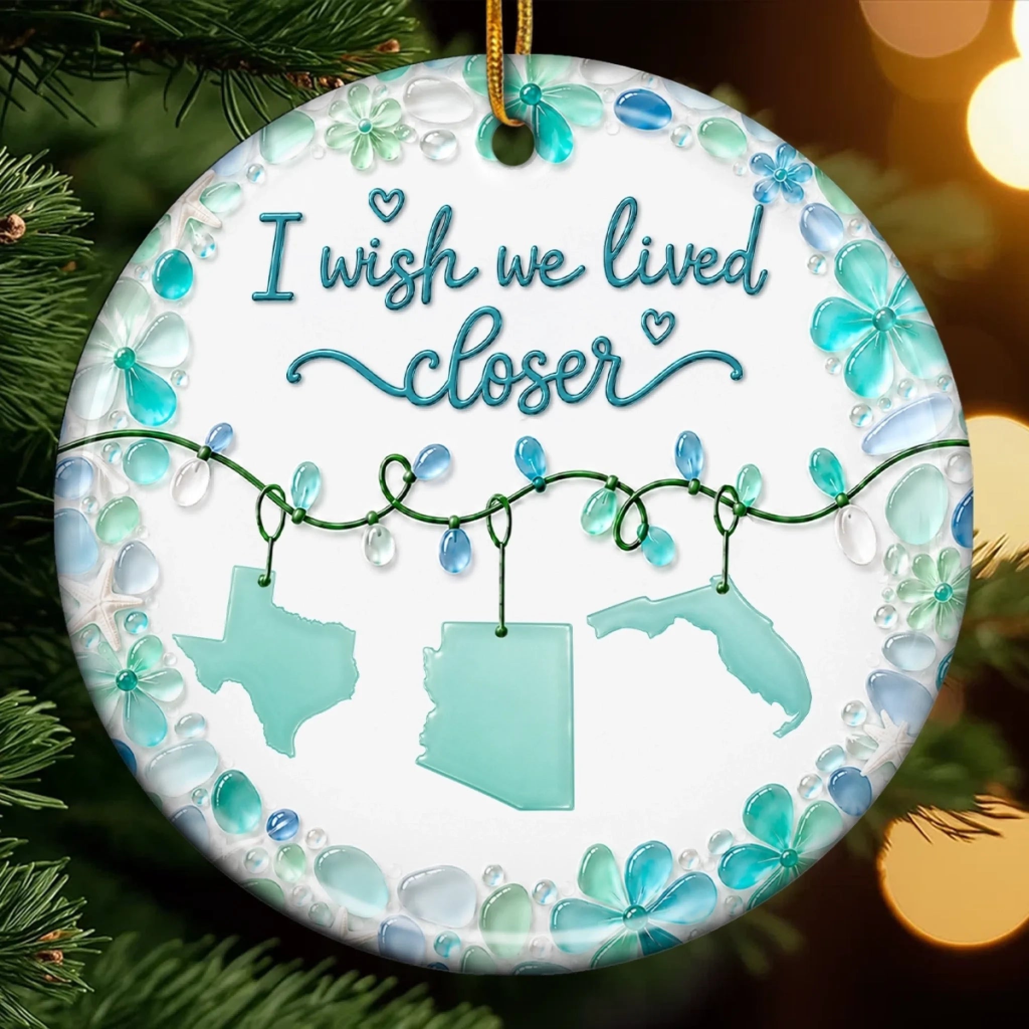 Personalized Long Distance Sea Glass Ceramic Ornament, Miles Apart Best Friend Christmas Gift
