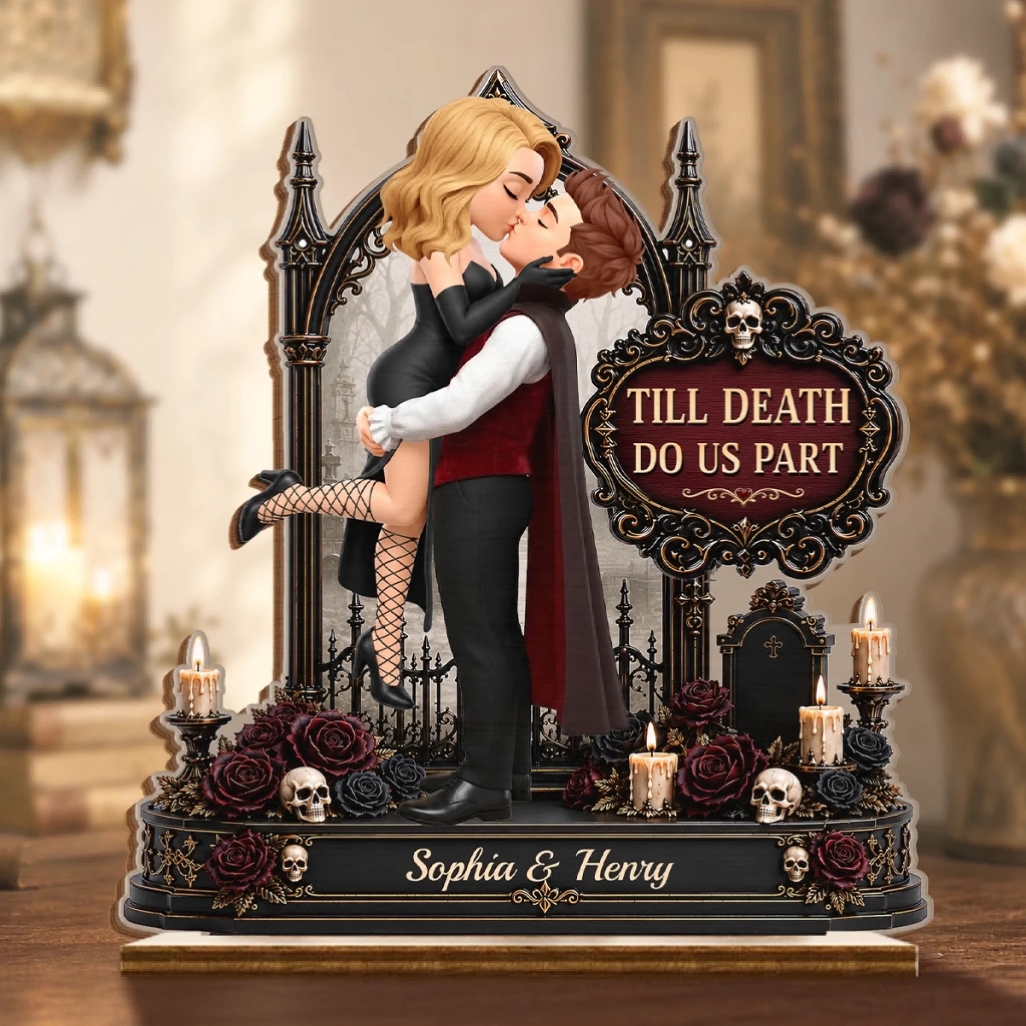 Custom 2-Layered Wooden Plaque With Flat Stand, Personalized Halloween Decor Gift for Couples