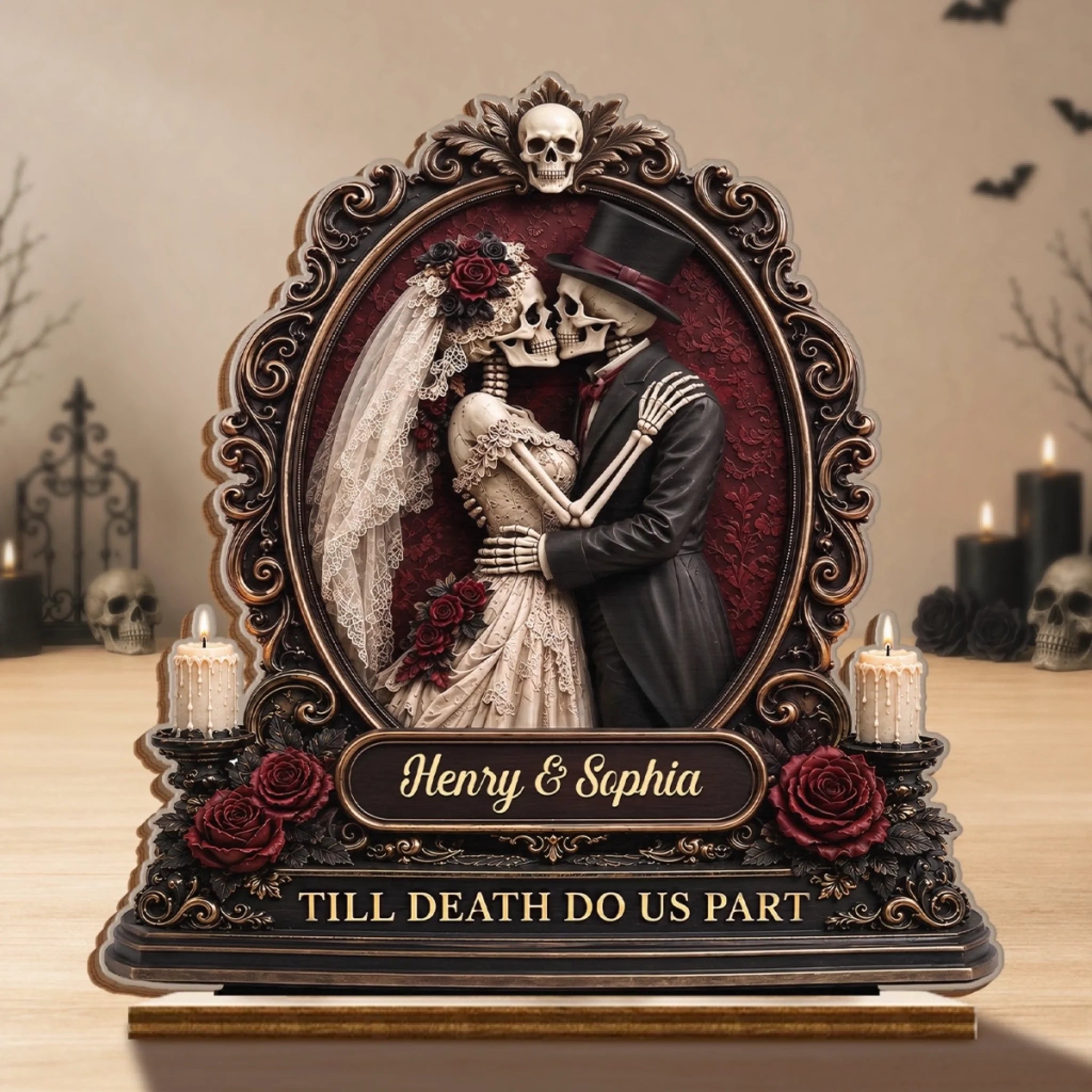 Custom Skeleton 2-Layered Wooden Plaque - Personalized Halloween Anniversary Wedding Gift for Couples
