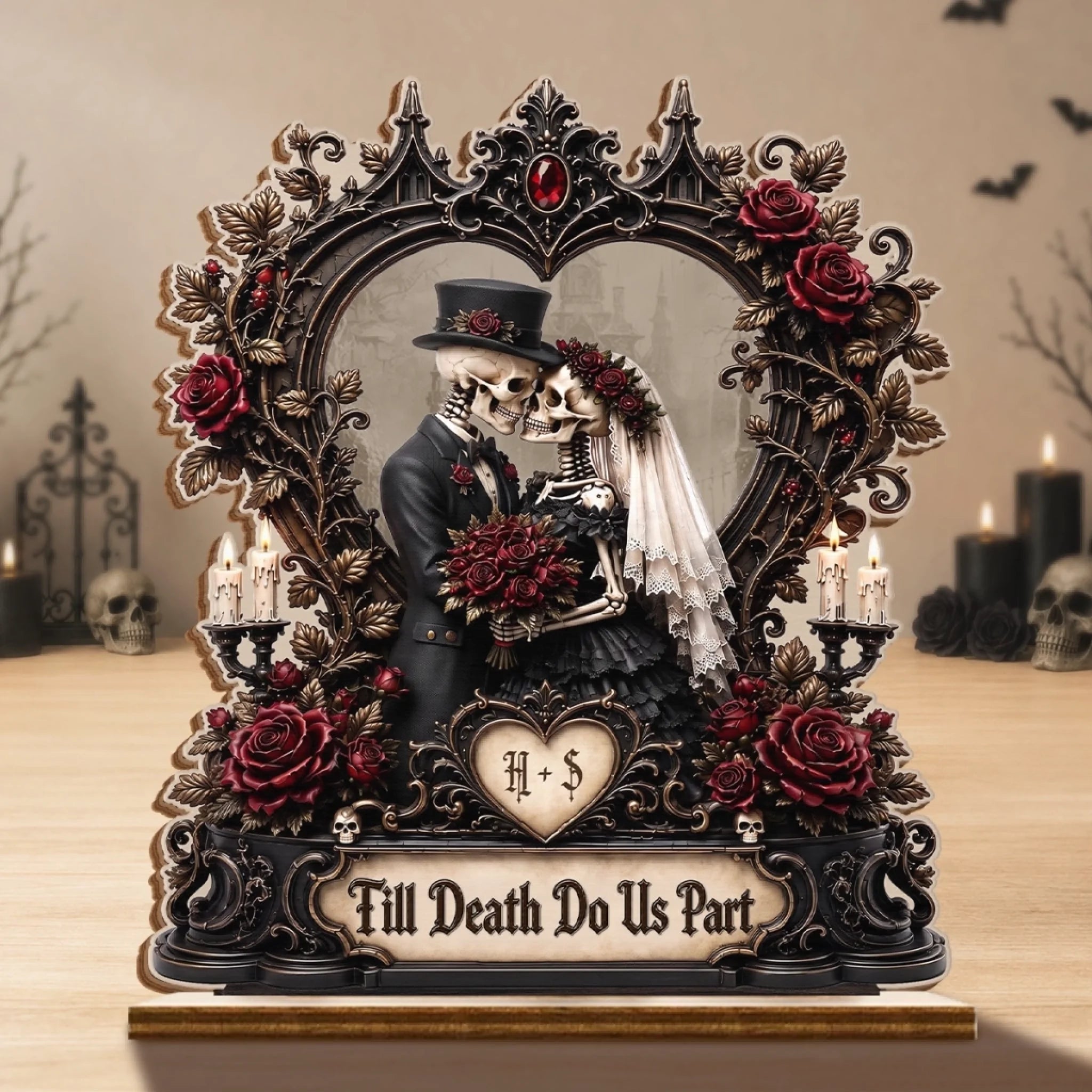 Personalized Skeleton 2-Layer Wooden Plaque, Custom Halloween Decor & Anniversary Gift for Couples