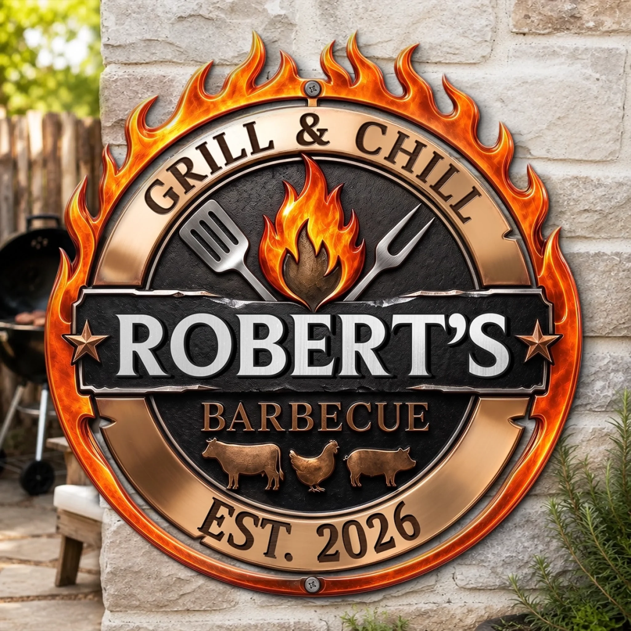 Custom BBQ Shaped Metal Sign Personalized Grill and Chill Gift for BBQ Lovers, Dad, Husband or Grandpa