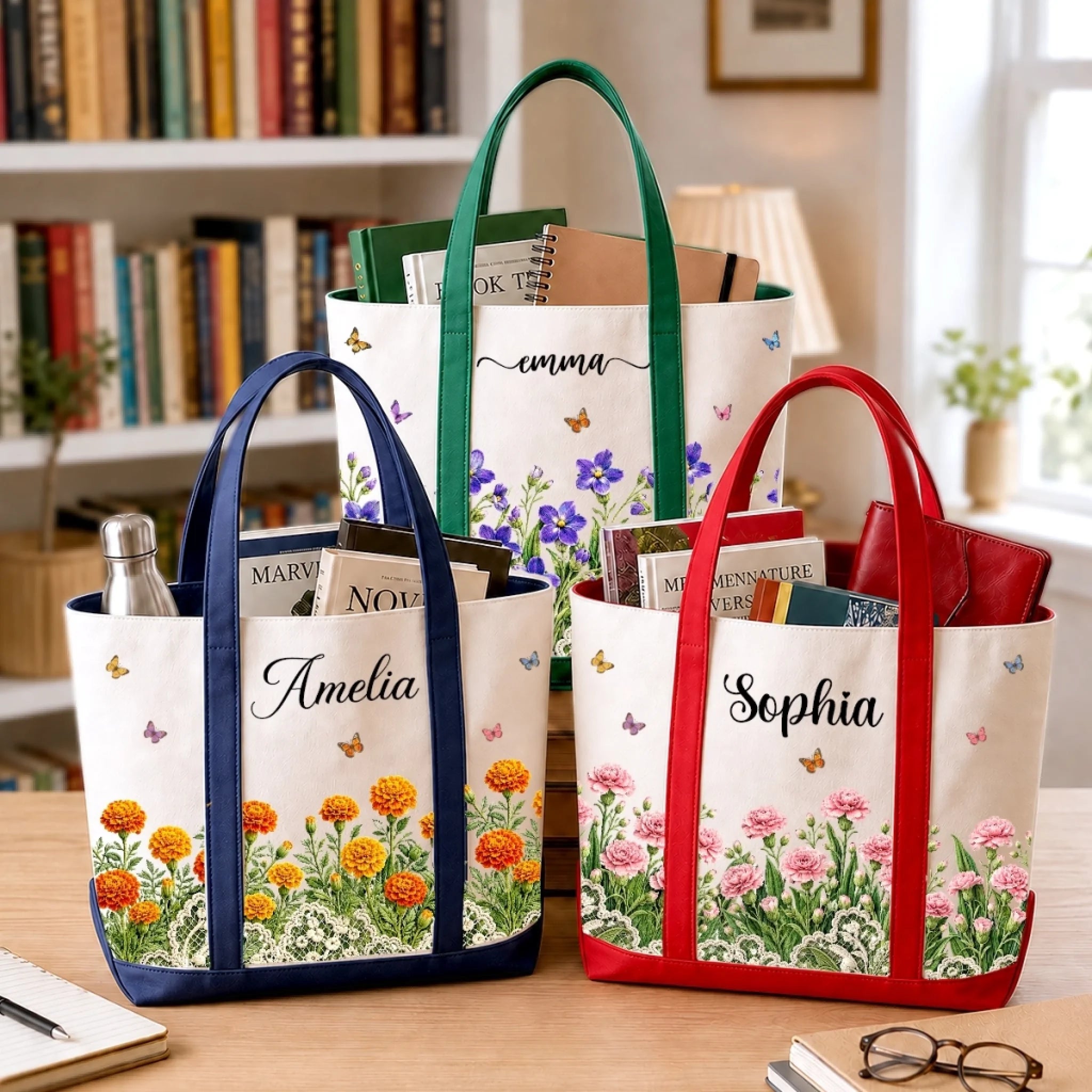 Custom Canvas Tote Bag, Personalized Floral Birthday Gift for Wife, Mom, Daughter, Sister or Bestie
