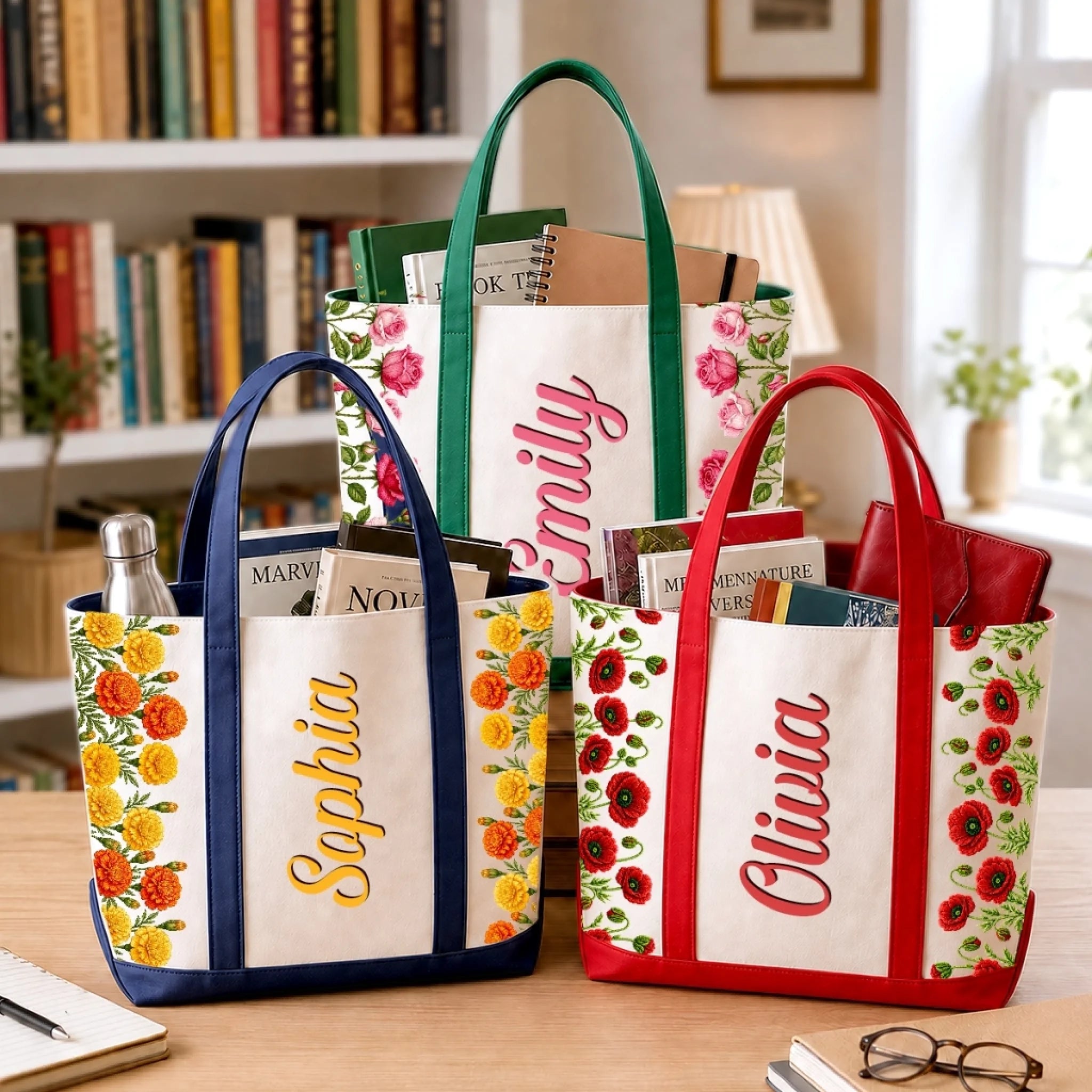 Custom Canvas Tote Bag with Blooms and Butterflies, Personalized Birthday Gift for Wife Mom Sister Bestie