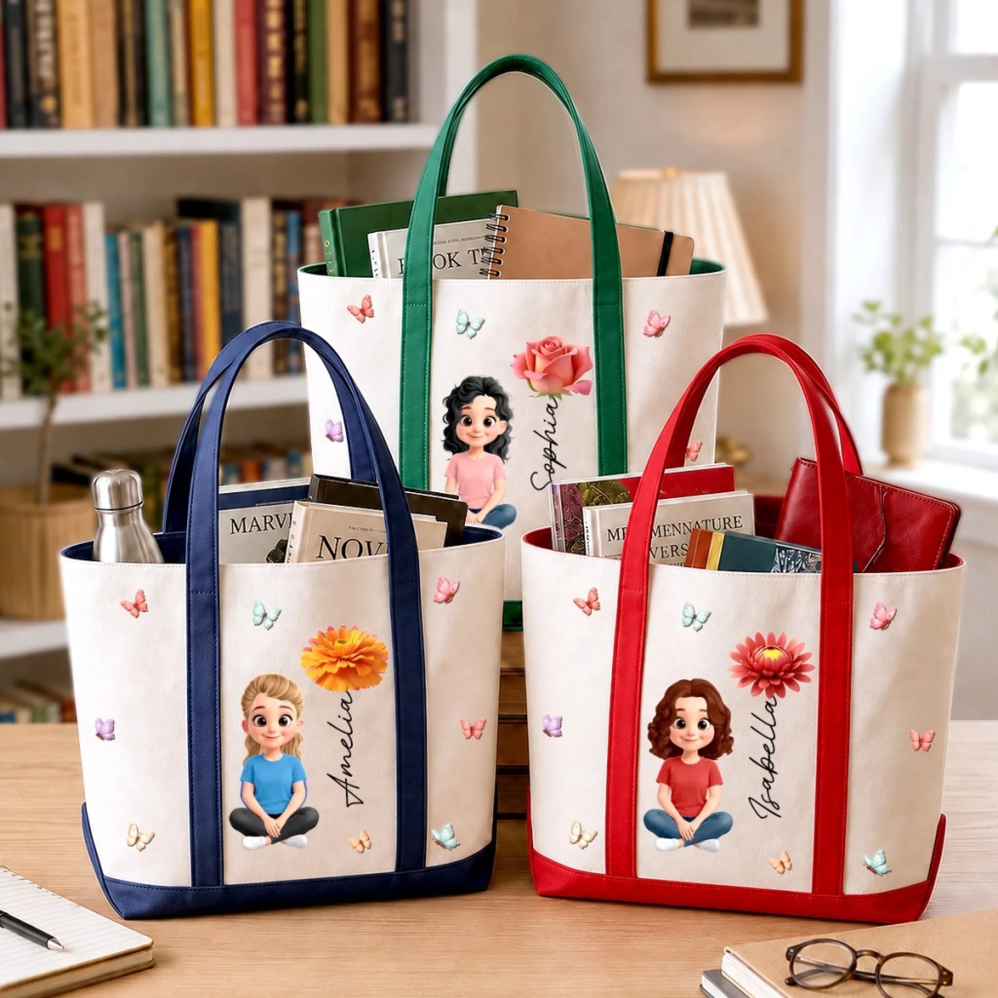 Custom Canvas Tote Bag with Floral Name, Personalized Gift for Wife, Mom, Daughter, Sisters or Besties