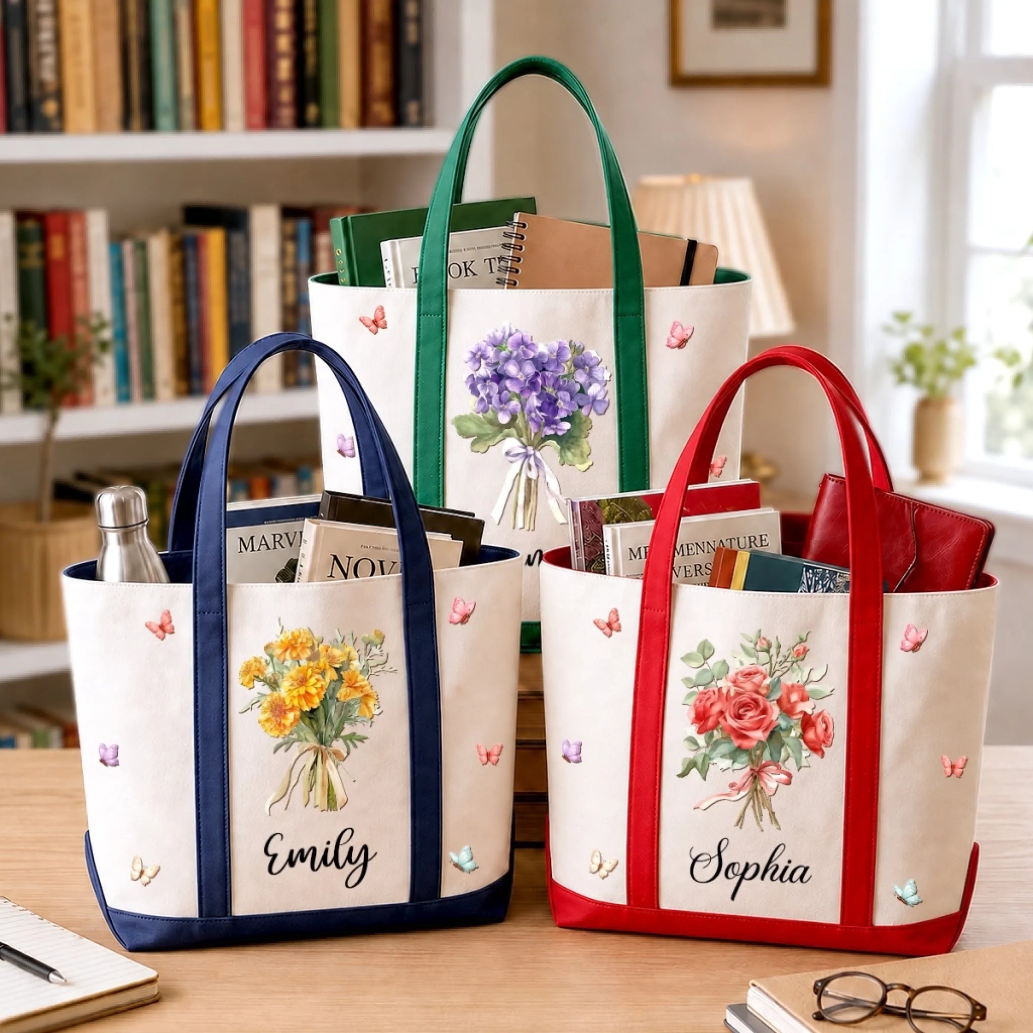 Personalized Canvas Tote Bag - Bouquet of Love Custom Birthday Gift for Mom, Wife, Daughter or Sister