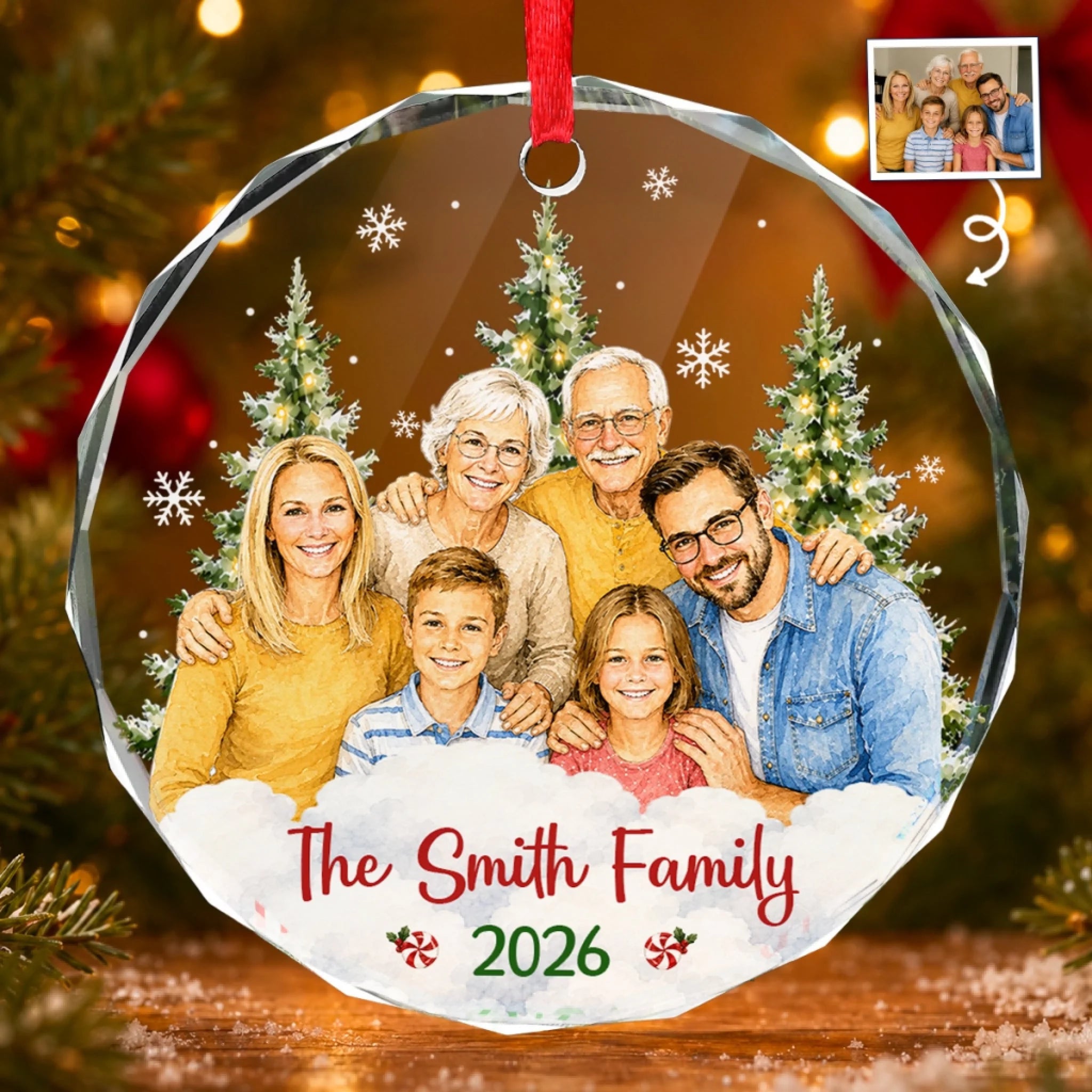 Custom Photo Circle Glass Ornament, Personalized Christmas or Birthday Gift for Family