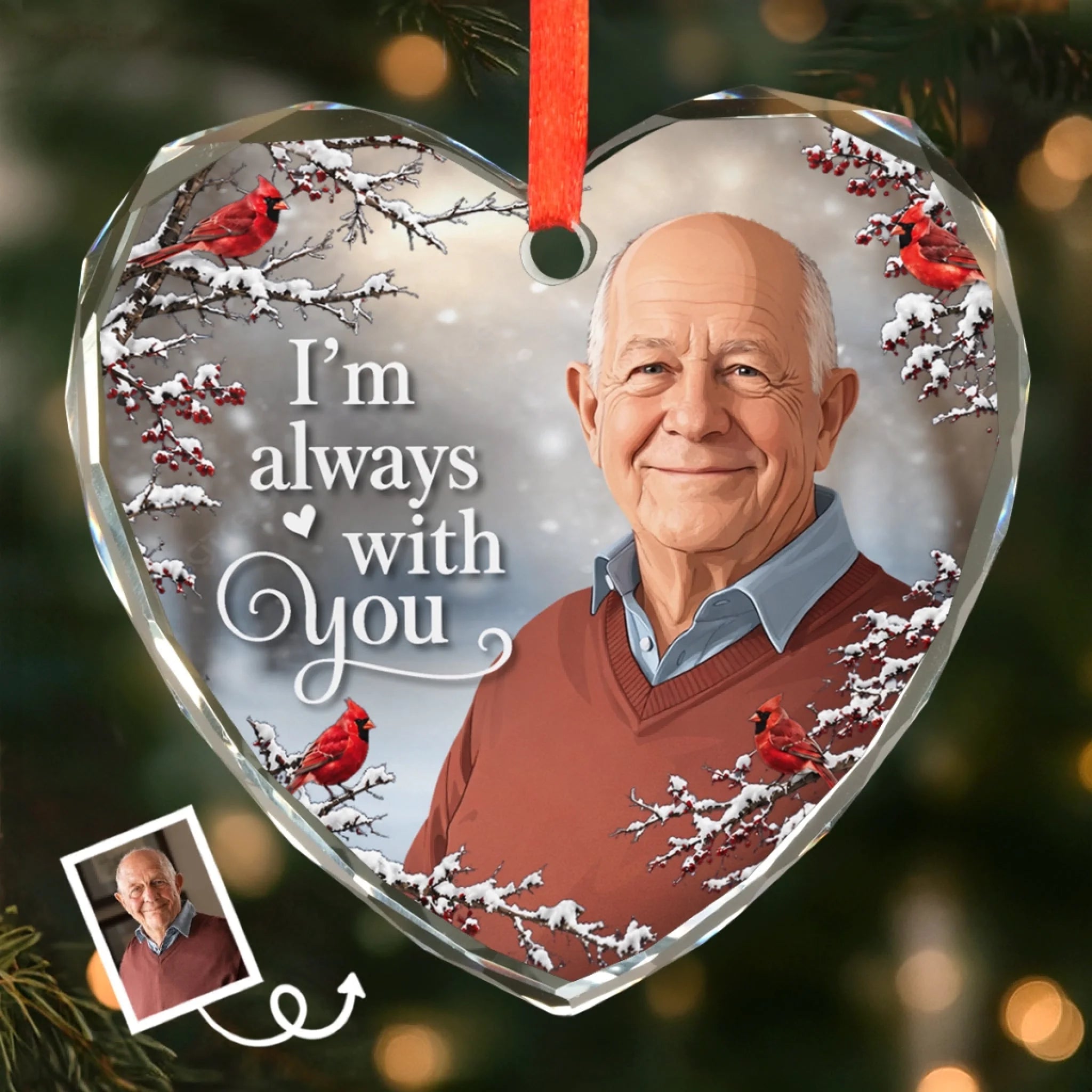 Personalized Photo Heart Glass Ornament, Custom Christmas Memorial Gift for Loss of Mom or Dad