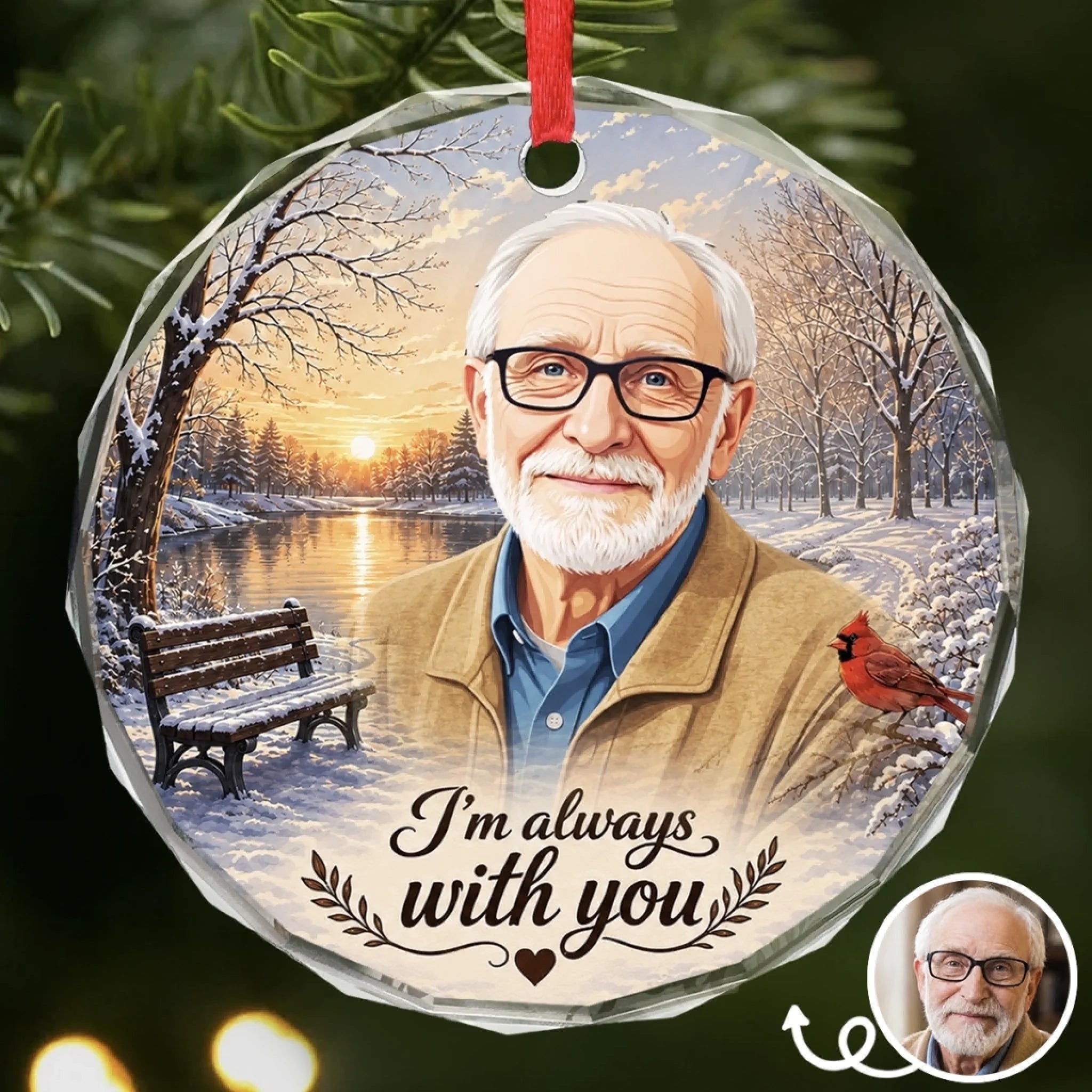 Custom Photo Circle Glass Ornament, Personalized Christmas Memorial Sympathy Gift for Loss of Mom or Dad
