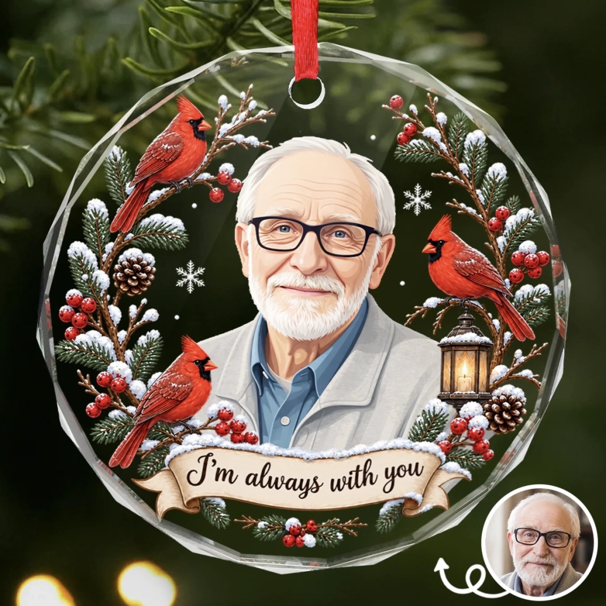Custom Photo Circle Glass Ornament, Personalized Christmas Memorial Sympathy Gift for Loss of Mom or Dad