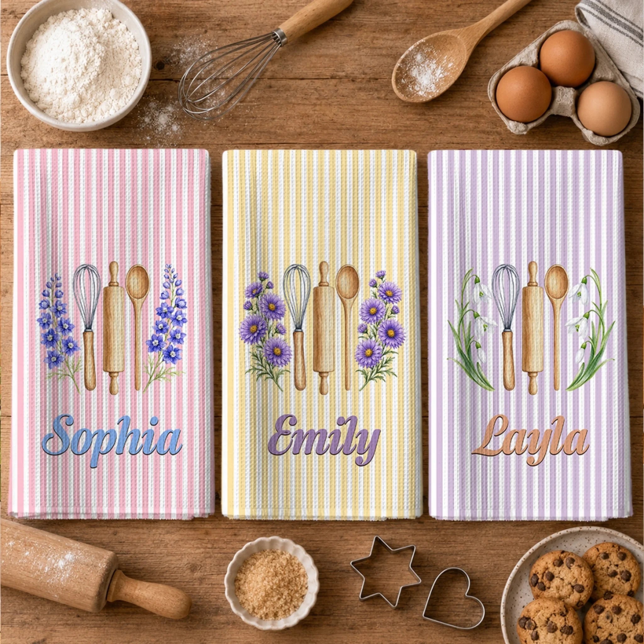 Custom Kitchen Towel Personalized Cooking With Love Flowers Birthday Gift for Wife Mom Sister Grandma