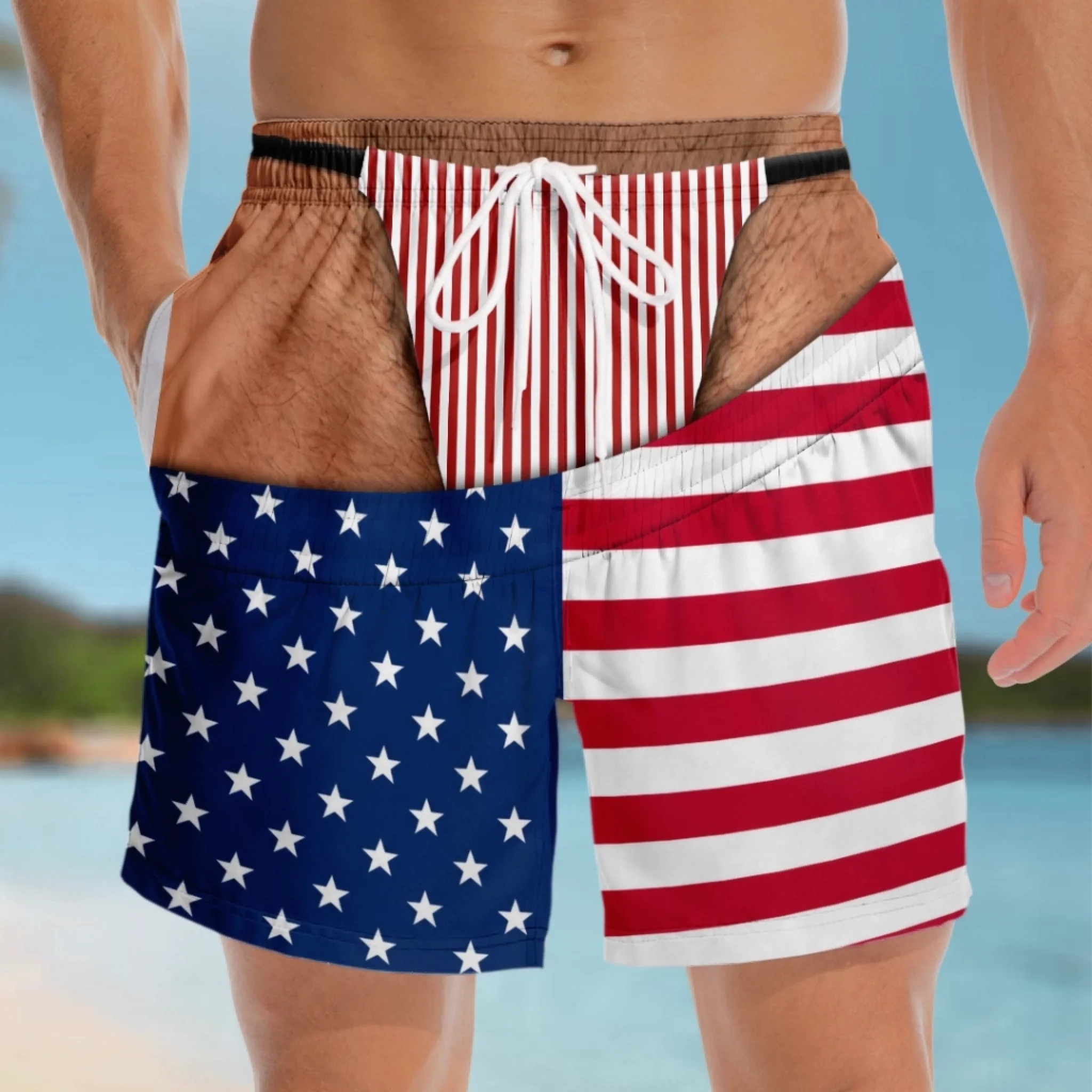 Custom Funny Patriotic Men's Swim Trunks, Personalized Beach Shorts, Summer Vacation Gift for Dad Husband Son