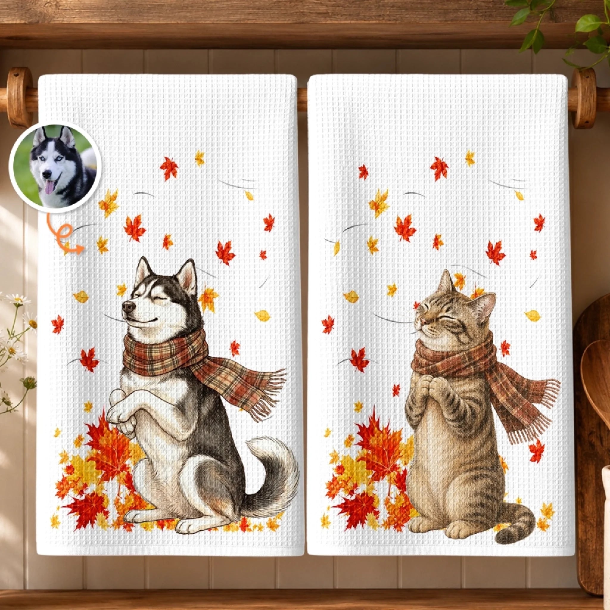 Custom Photo Kitchen Towel, Personalized Fall Birthday Gift for Dog Moms, Dog Dads & Cat Lovers
