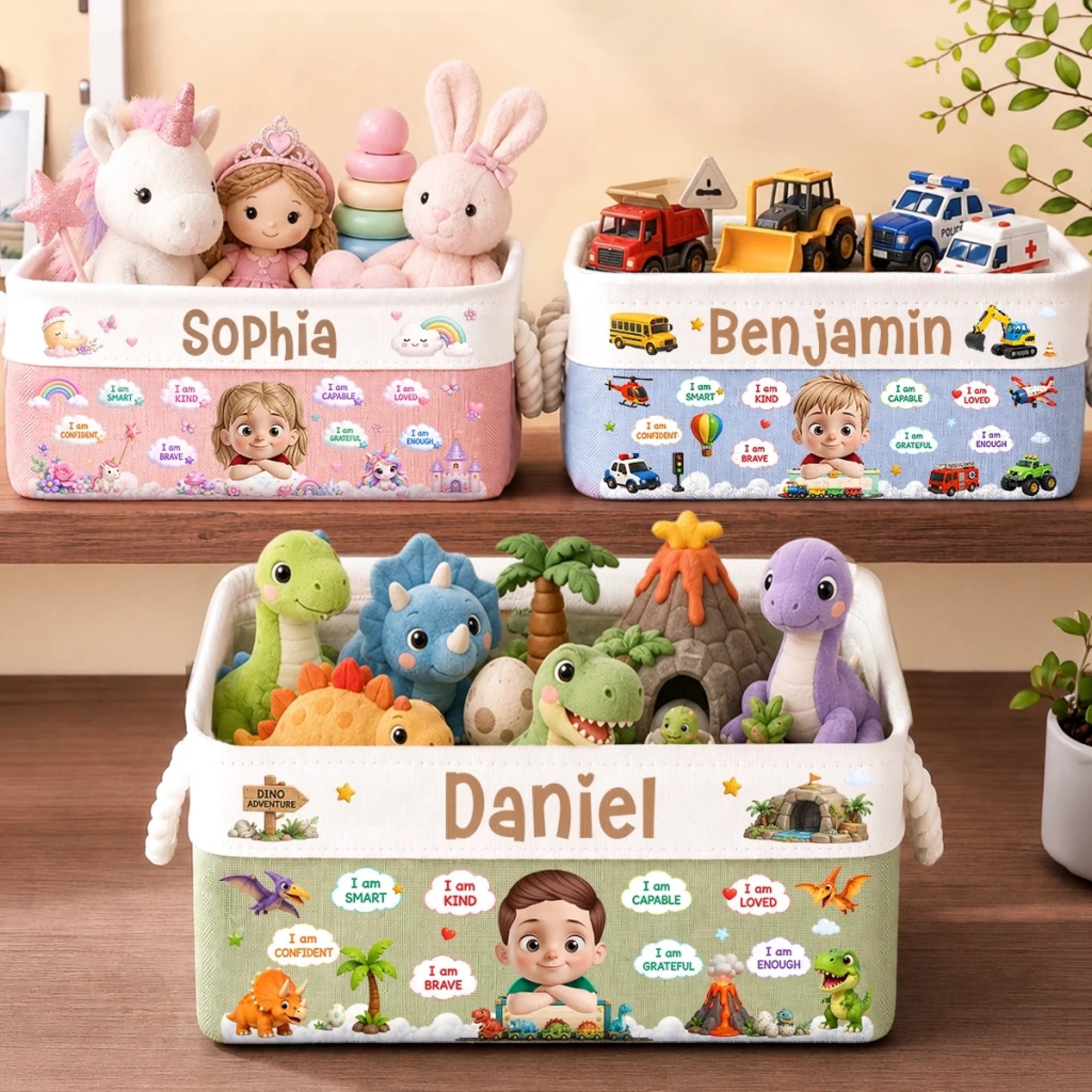 Personalized Kids Storage Basket, Custom Back to School Gift with Kind Confident Loved Design