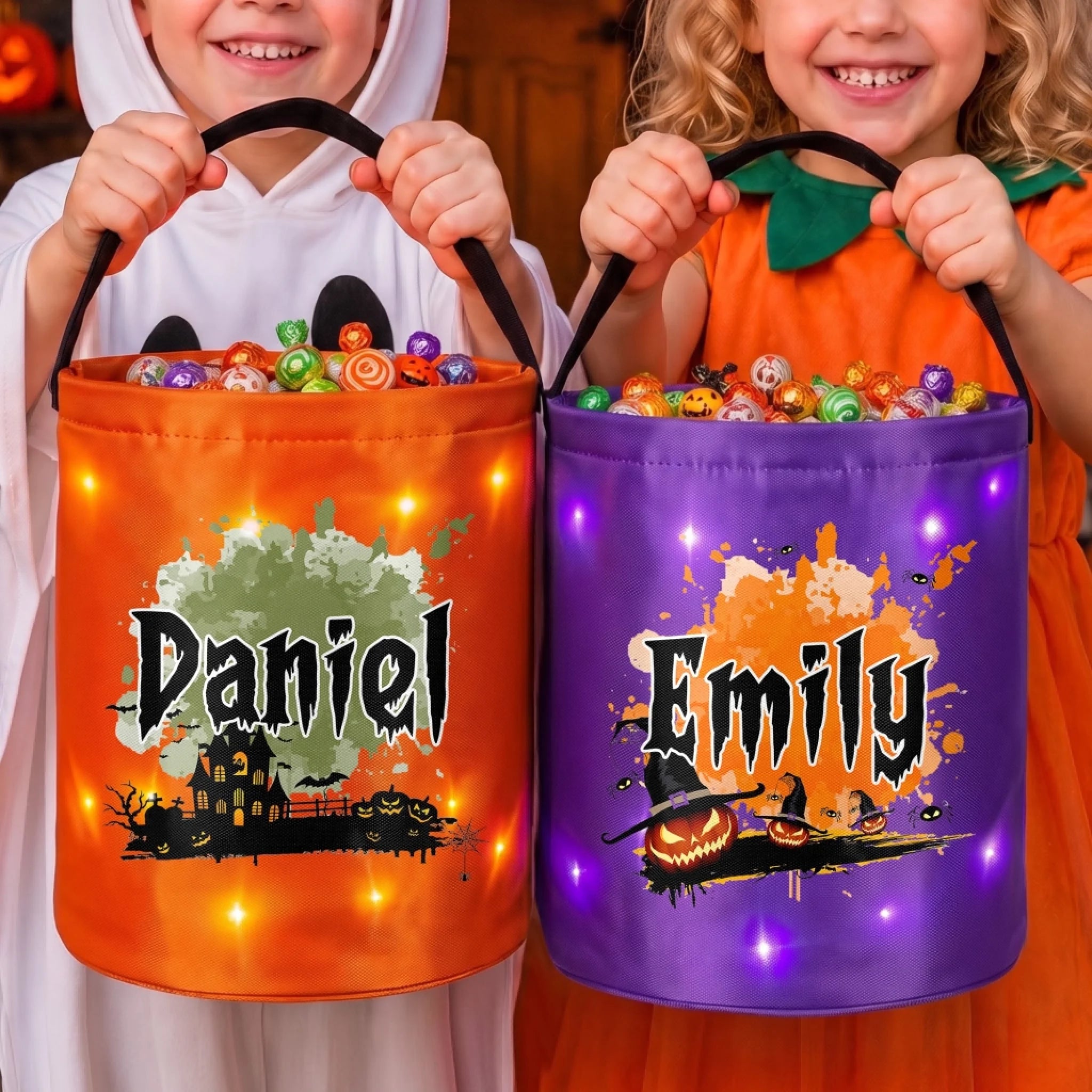 Custom LED Light Bucket Bag, Personalized Halloween Trick or Treat Birthday Gift for Kids