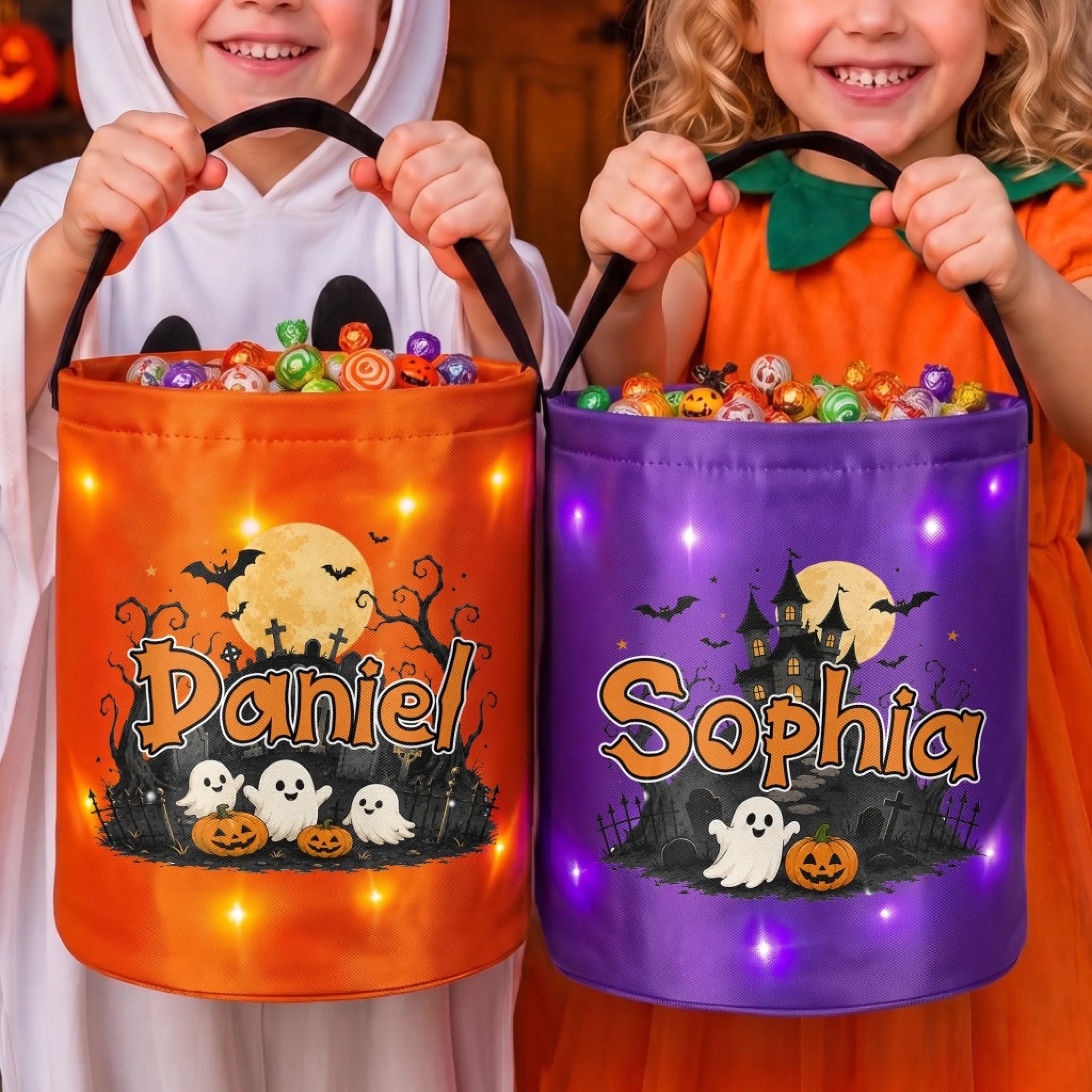 Custom LED Light Bucket Bag - Personalized Halloween Birthday Gift for Kids