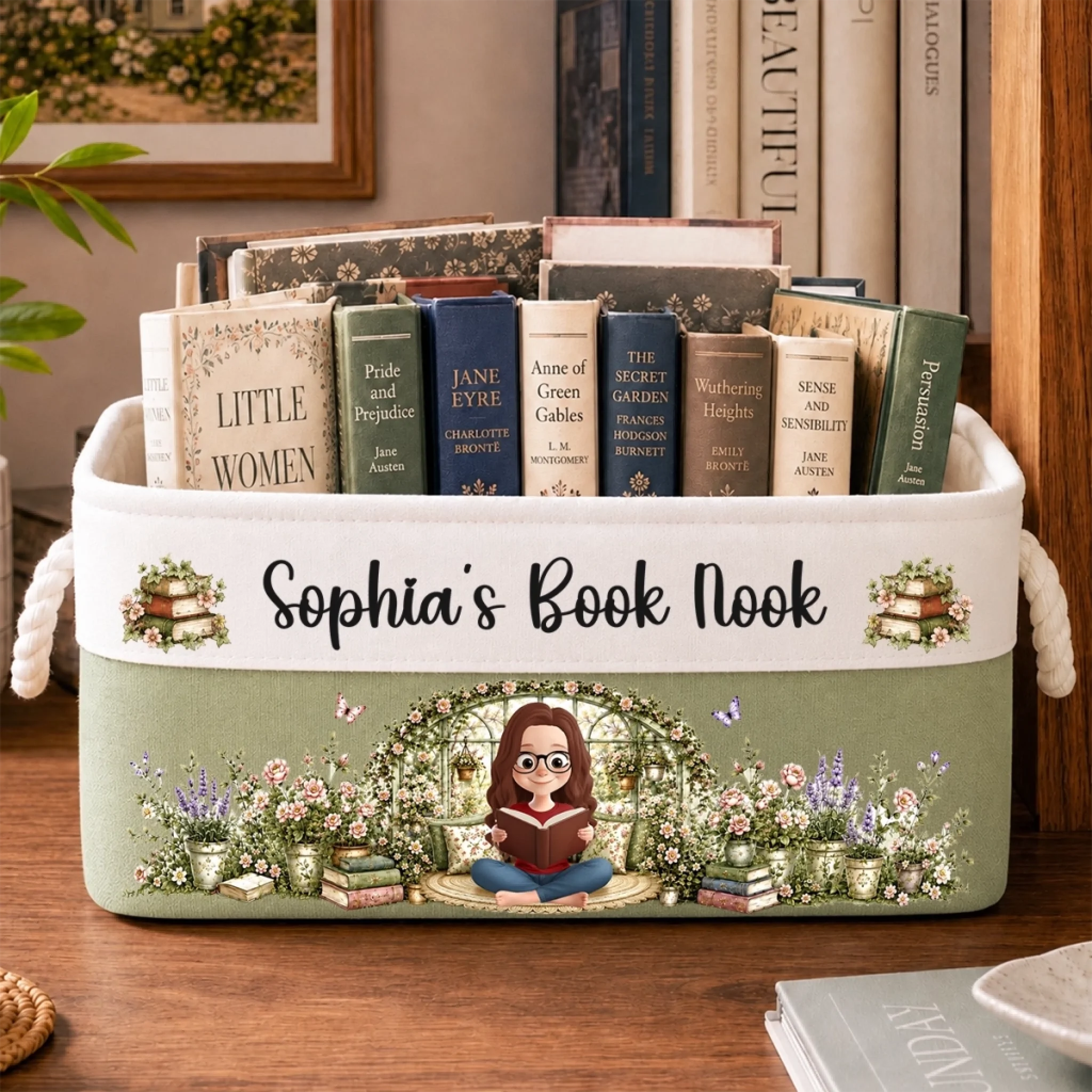 Custom Storage Basket Personalized Bookish Gift for Book Lovers Readers Where Stories Bloom