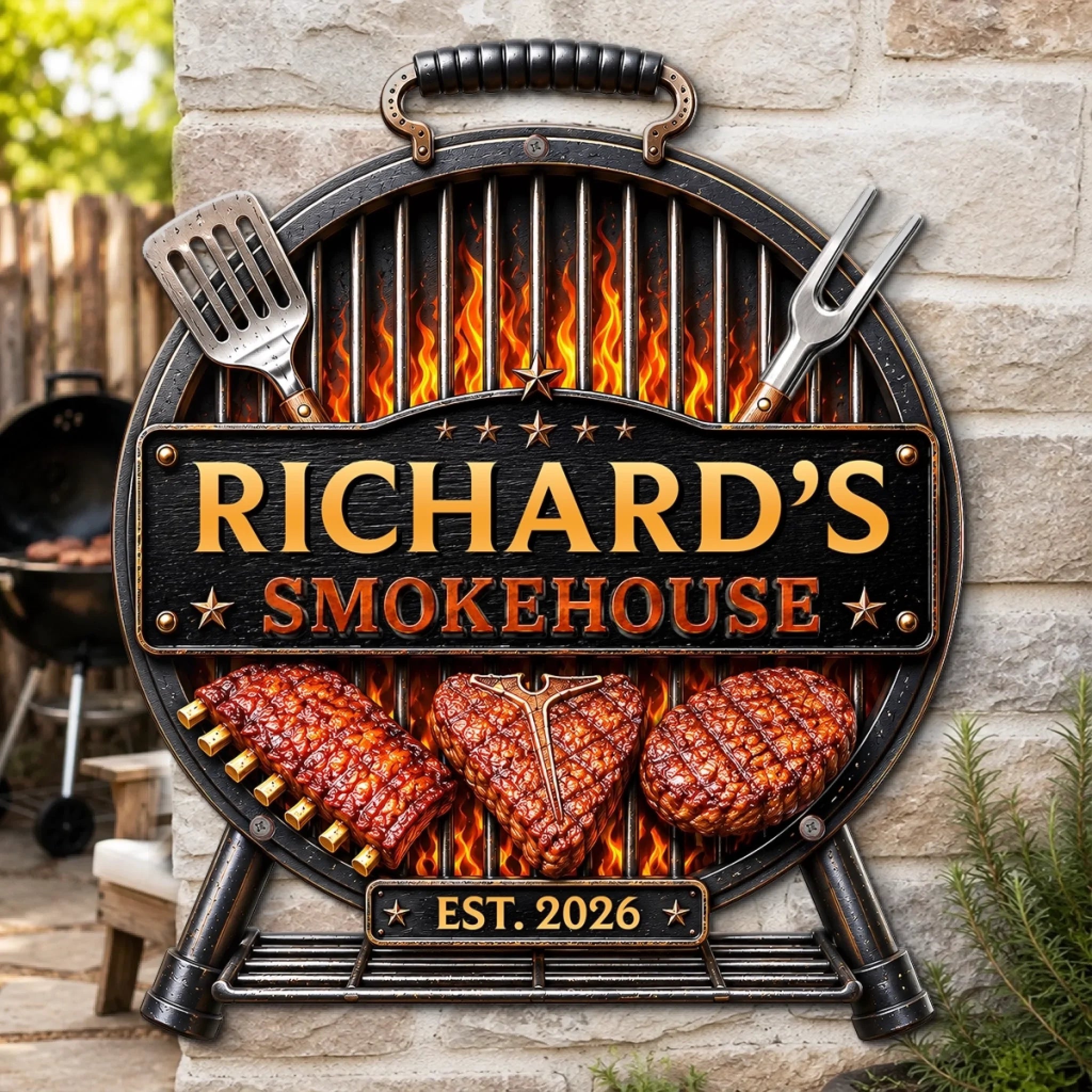 Custom BBQ Shaped Metal Sign, Personalized Grill Chill Repeat Gift for BBQ Lovers and Grill Masters