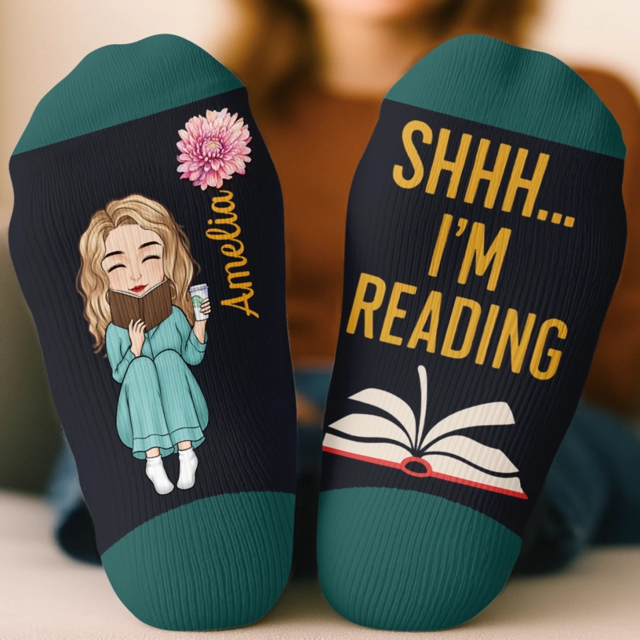 Custom Crew Socks Personalized Bookish Gift for Book Lovers, Bookworms and Cozy Reading Time