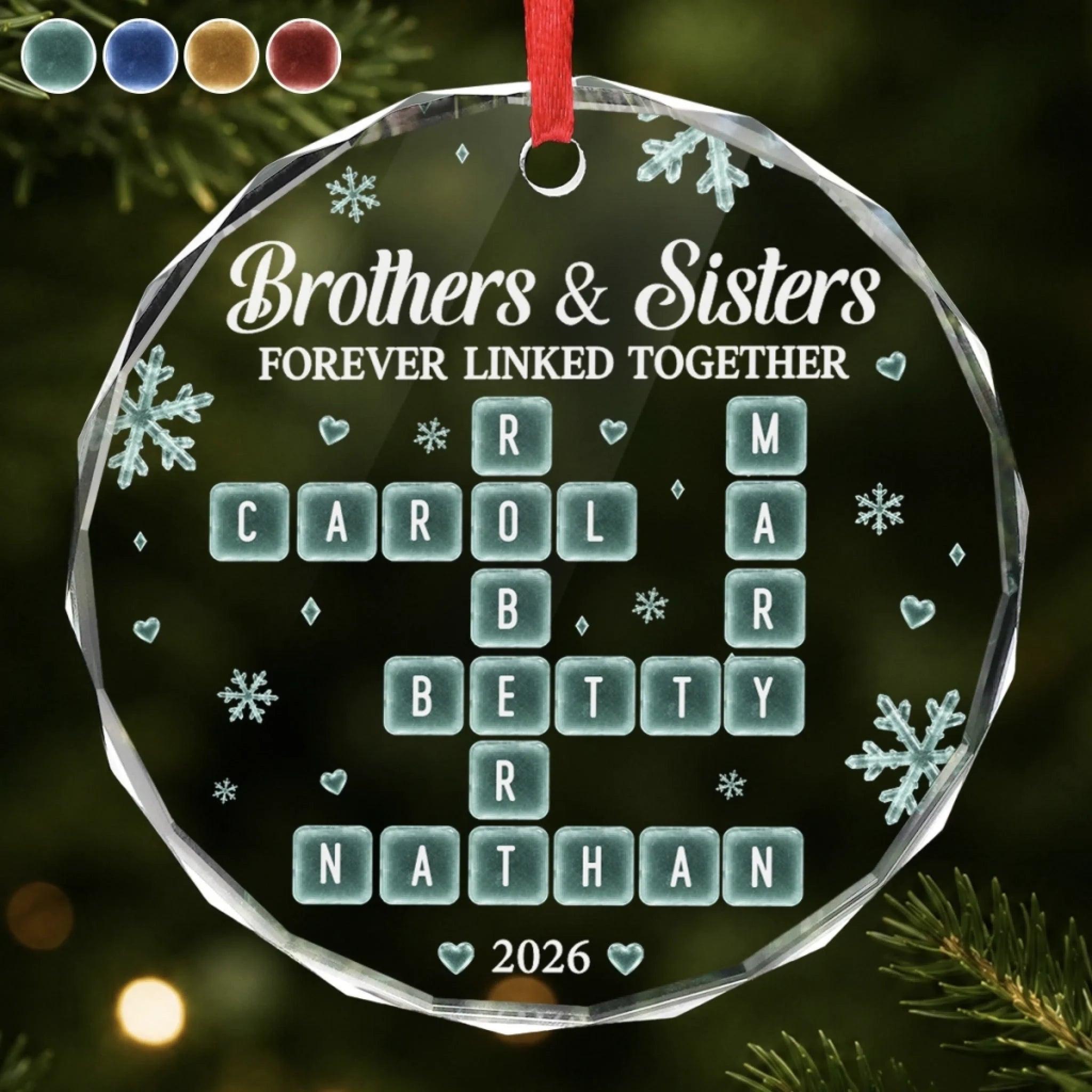 Custom Scrabble-Style Circle Glass Ornament, Personalized Family Christmas or Birthday Gift