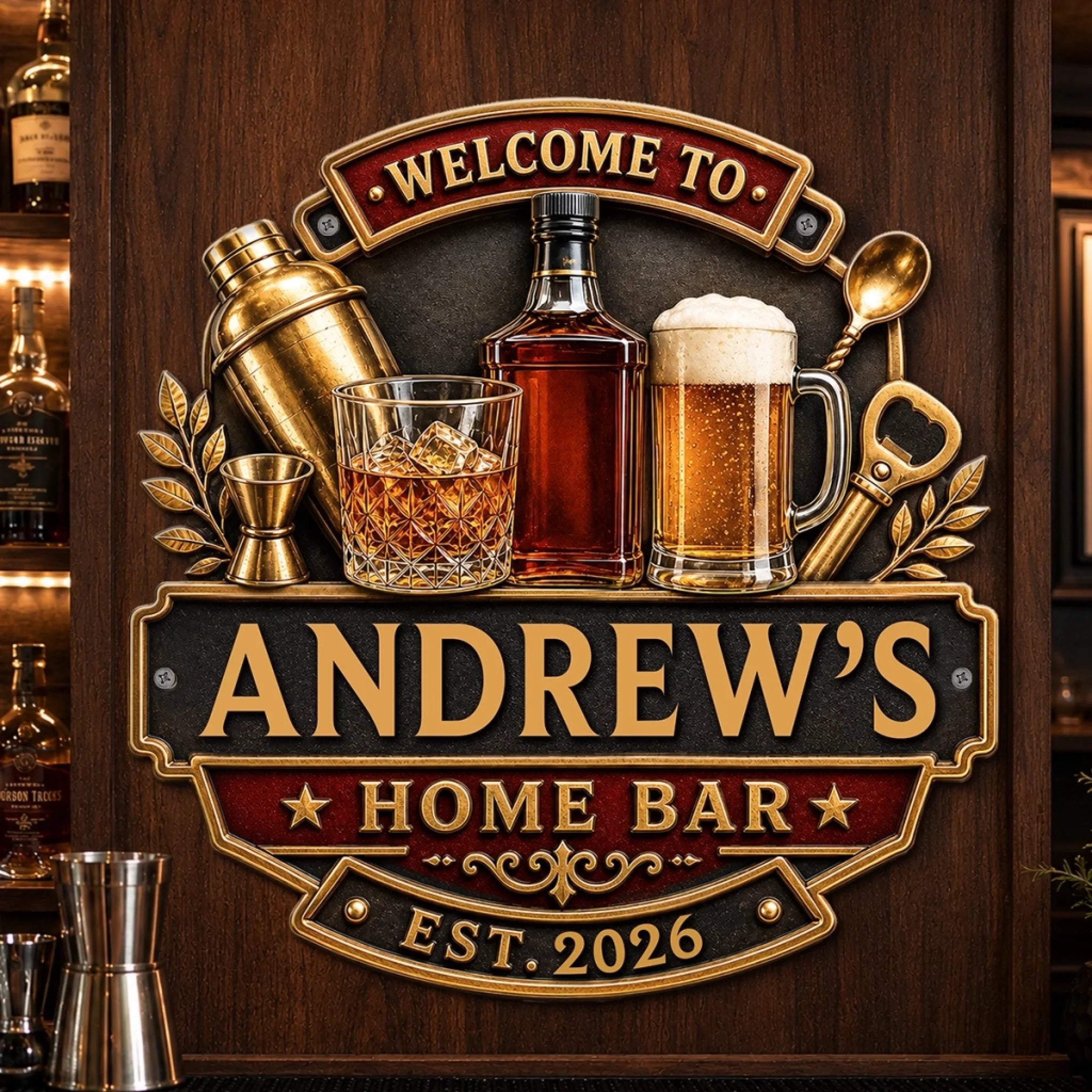 Custom Bar Shaped Metal Sign Personalized Home Bar Gift for Husband Dad Grandpa Brother or Son