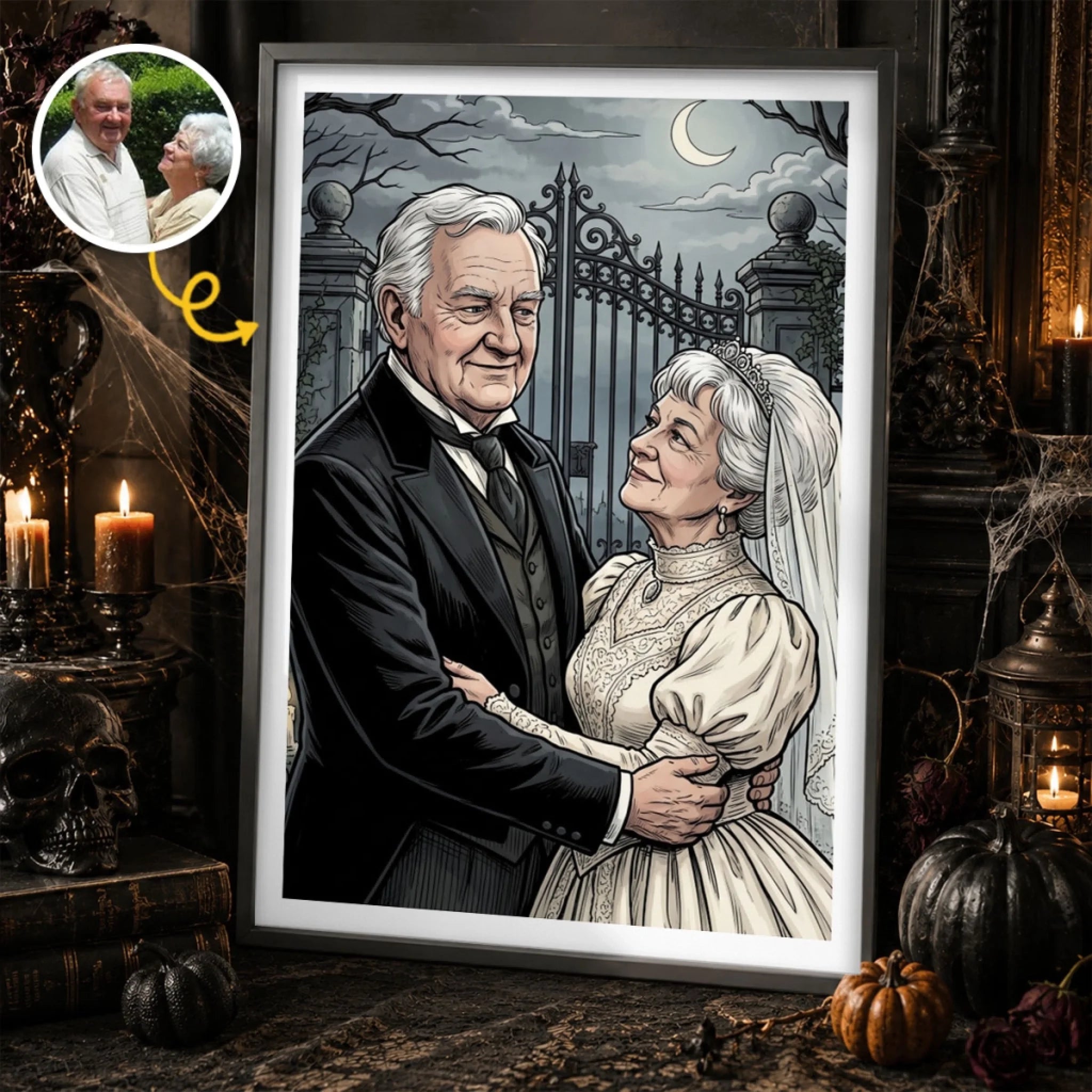 Custom Photo Gothic Vertical Poster, Personalized Halloween Wedding Anniversary Gift for Couples