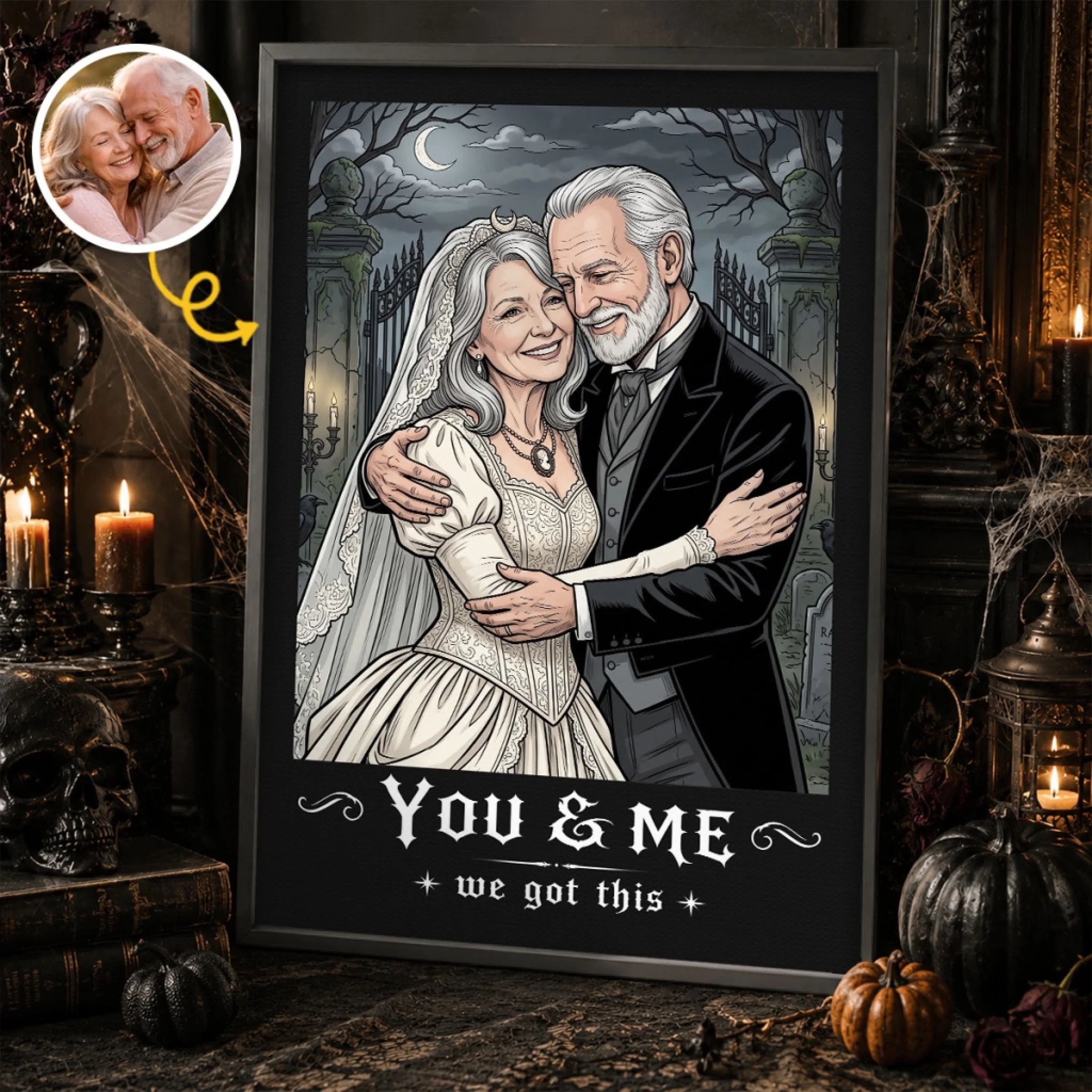 Custom Photo Gothic Vertical Poster, Personalized Halloween Anniversary Wedding Gift for Husband or Wife