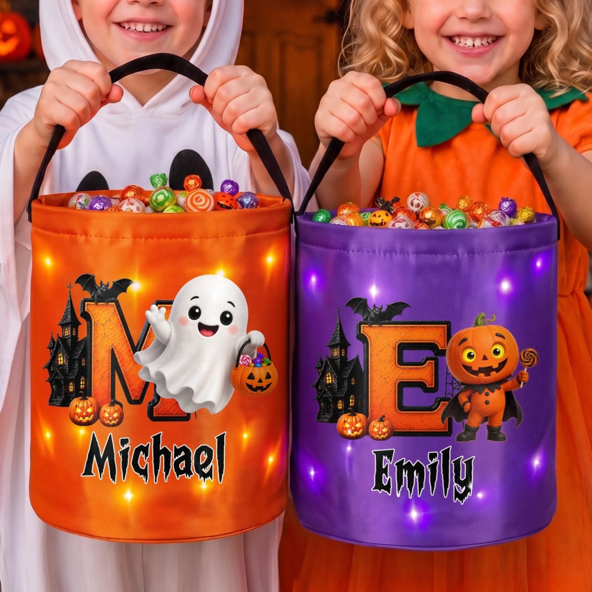 Custom LED Light Bucket Bag Personalized Mini Monster Halloween Treat Bag Birthday Gift for Kids