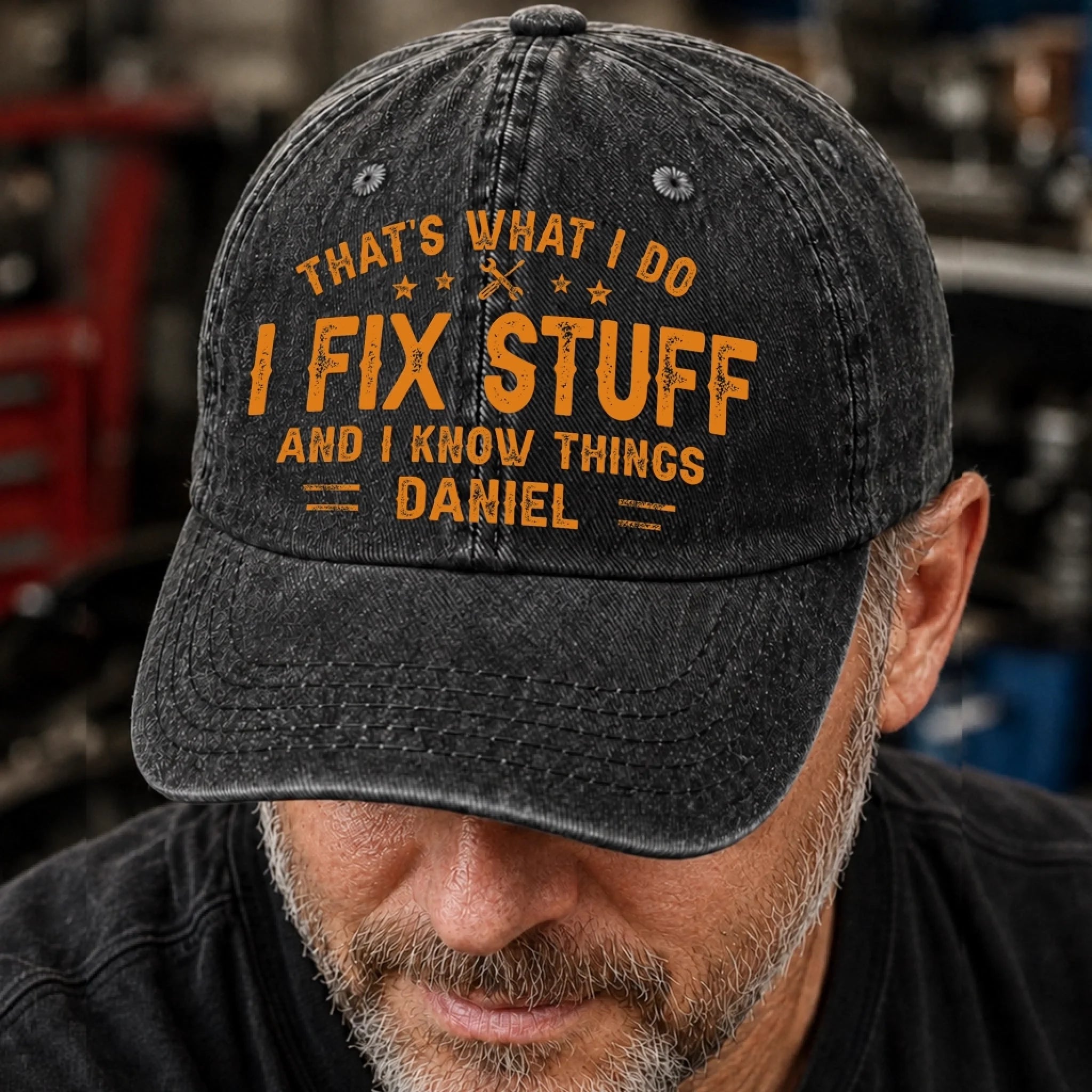 Custom Washed Baseball Cap, Personalized I Fix Stuff Know Things Gift for Dad, Husband, Grandpa or Son