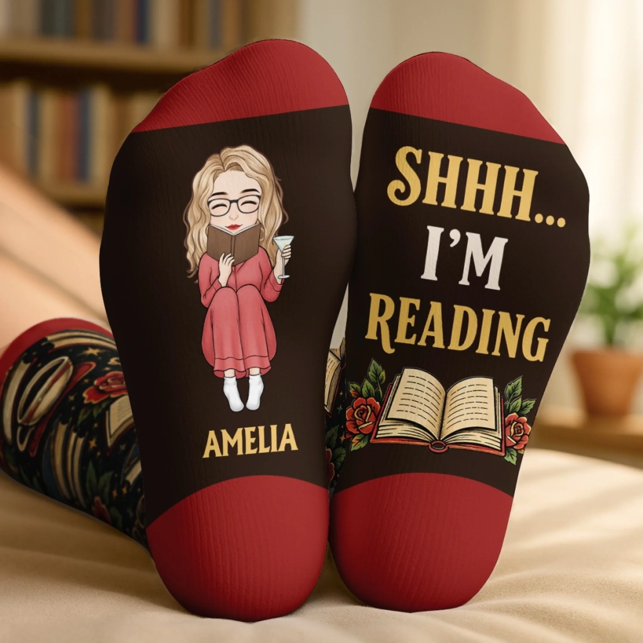 Custom Bookish Middle Tube Socks, Personalized Stay Home and Read Gift for Book Lovers