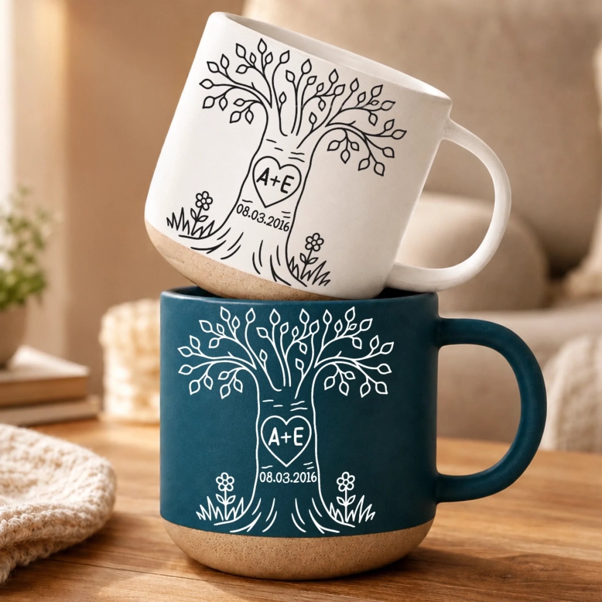 Custom Pottery Mug - Personalized Our Love Tree Anniversary or Wedding Gift for Husband and Wife