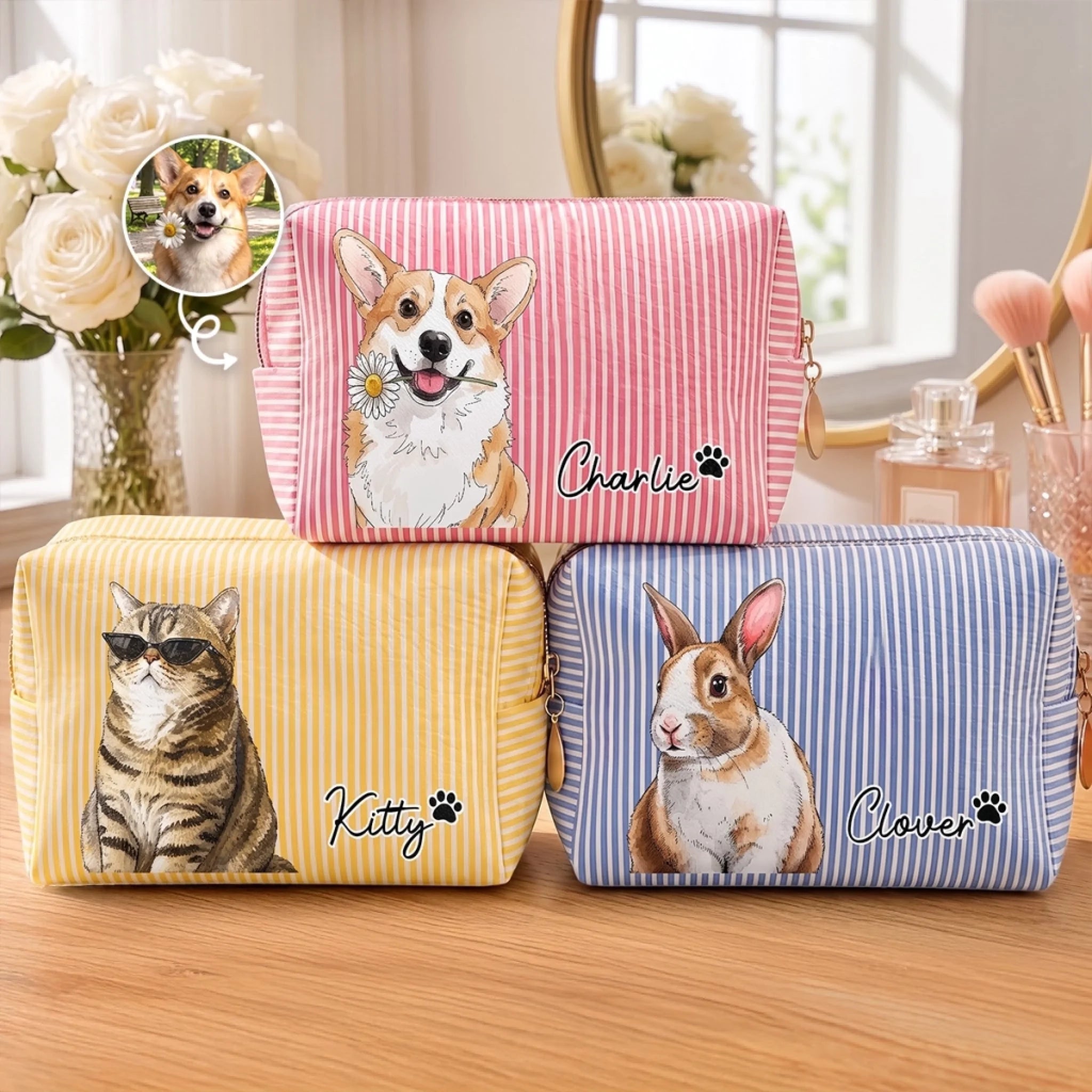 Custom Photo Seersucker Makeup Bag, Personalized Pet Lover Gift for Dog Moms, Cat Dads and Owners