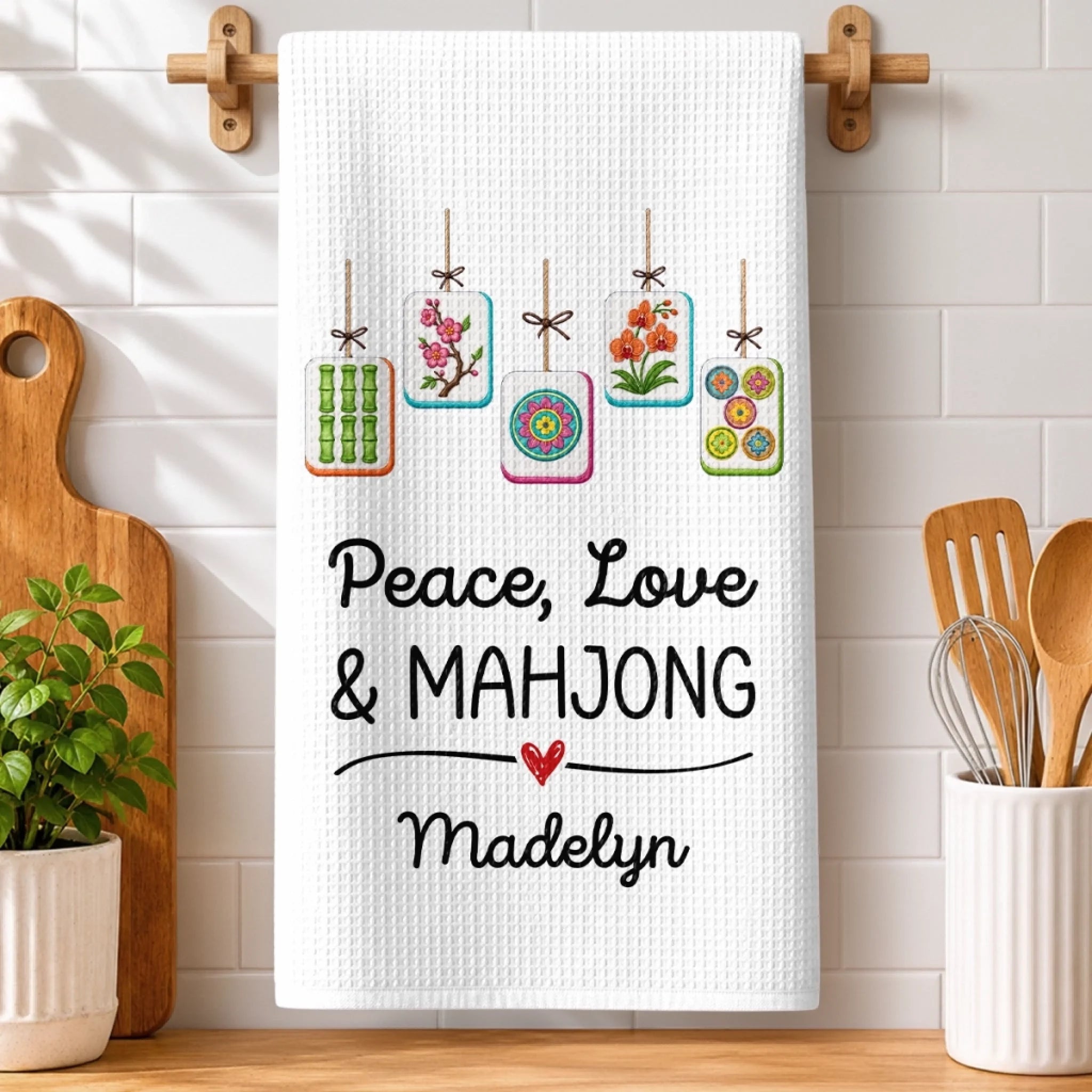 Custom Mahjong Kitchen Towel, Personalized Birthday Gift for Mahjong Players, Mom, Dad, Brother or Sister