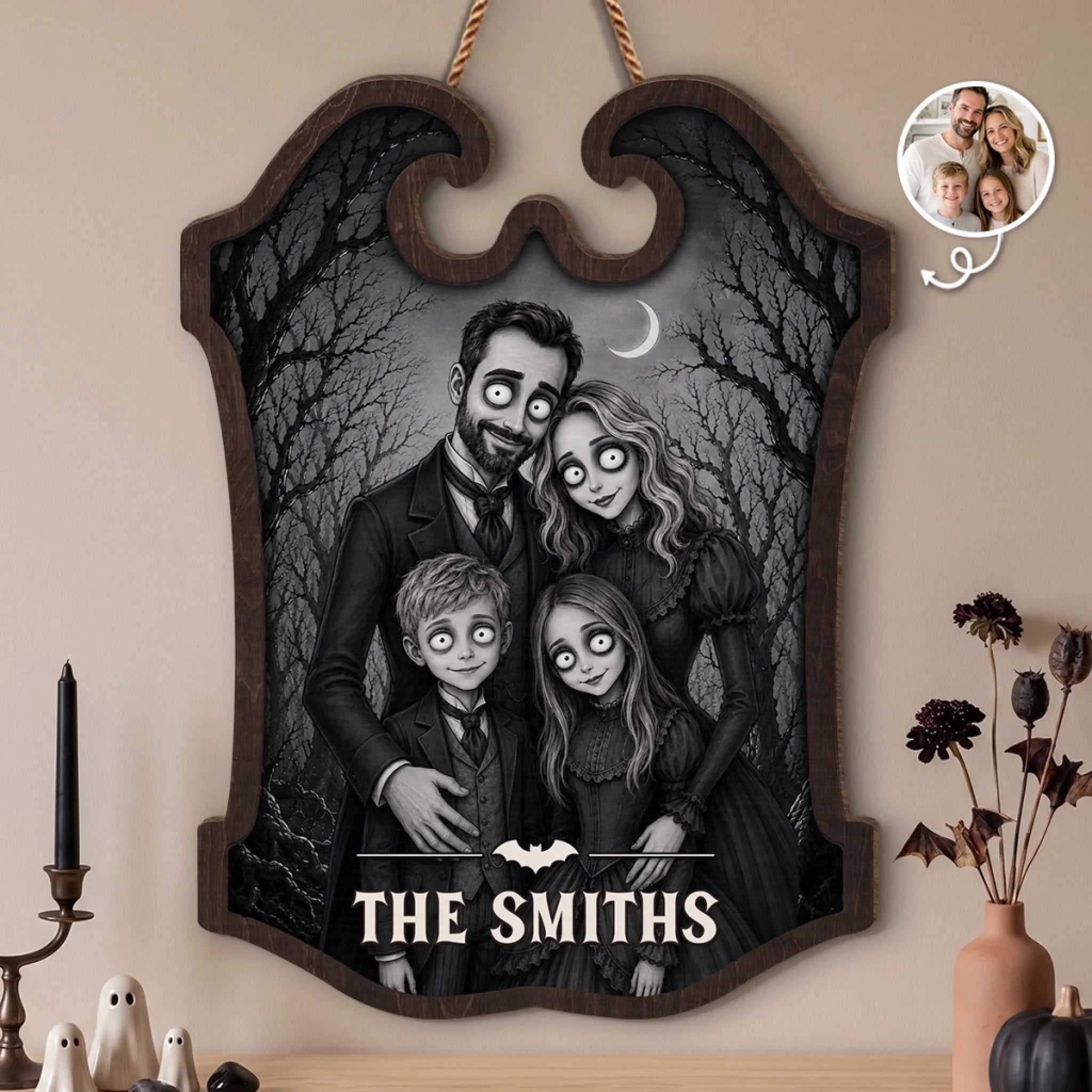 Custom Photo Wood Sign, Personalized Halloween Family Decor, Spooky Birthday Gift for Mom Dad Brother Sister