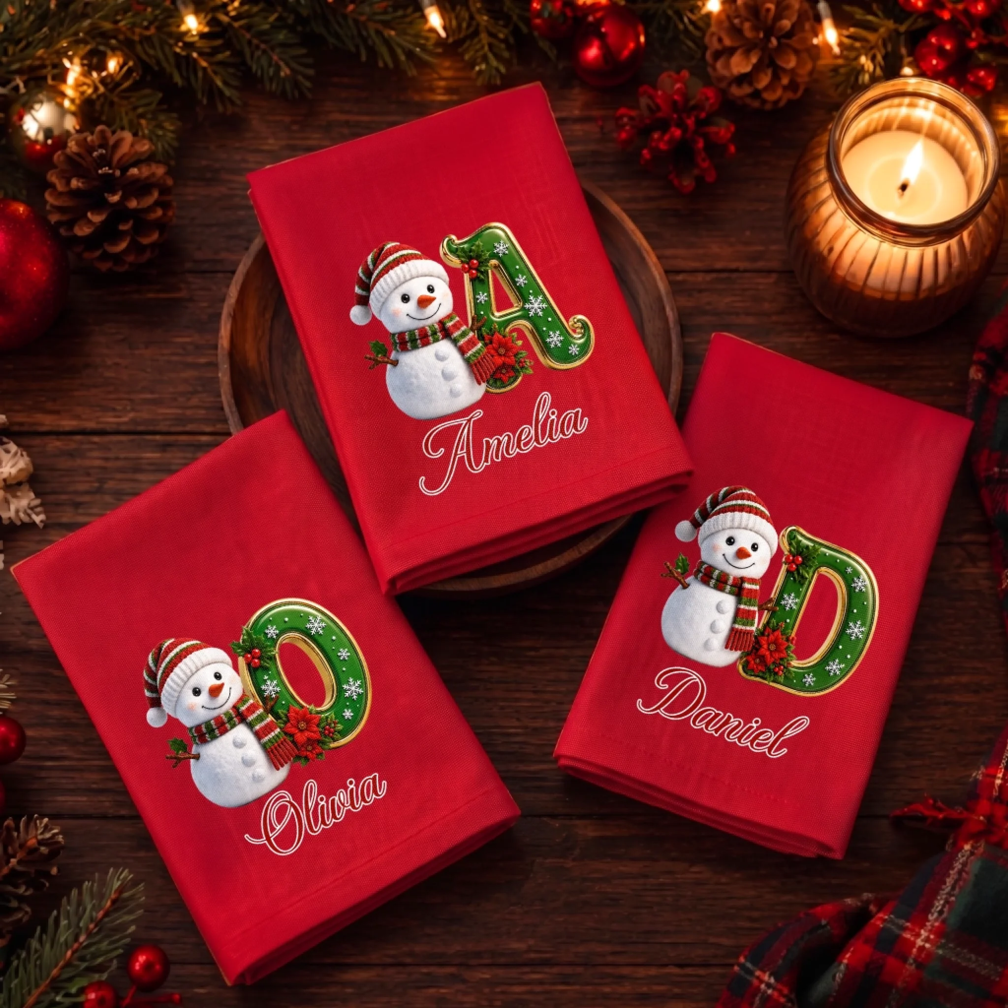 Custom Snowman Cotton Napkin Personalized Christmas Birthday Gift for Mom Dad Brother Sister