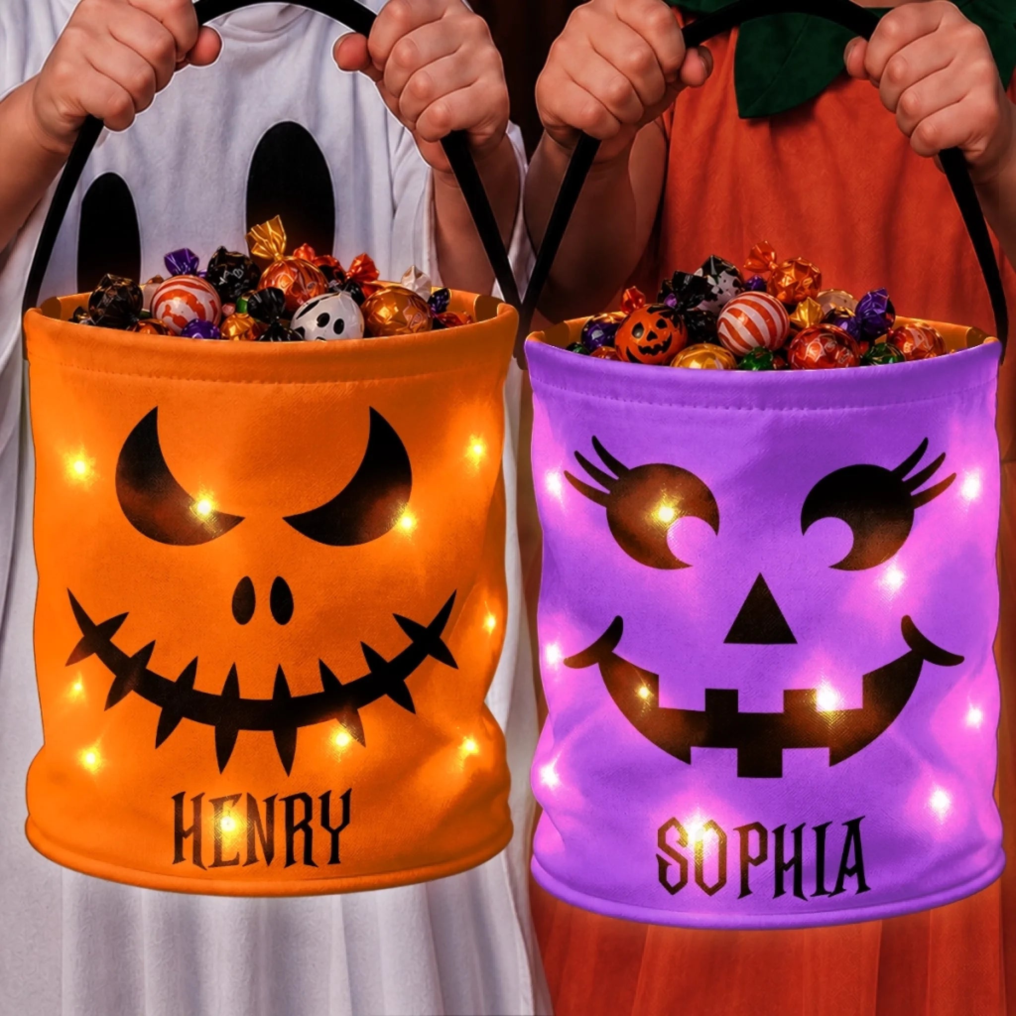 Custom LED Light Bucket Bag, Personalized Halloween & Birthday Gift for Kids, Little Boo Energy