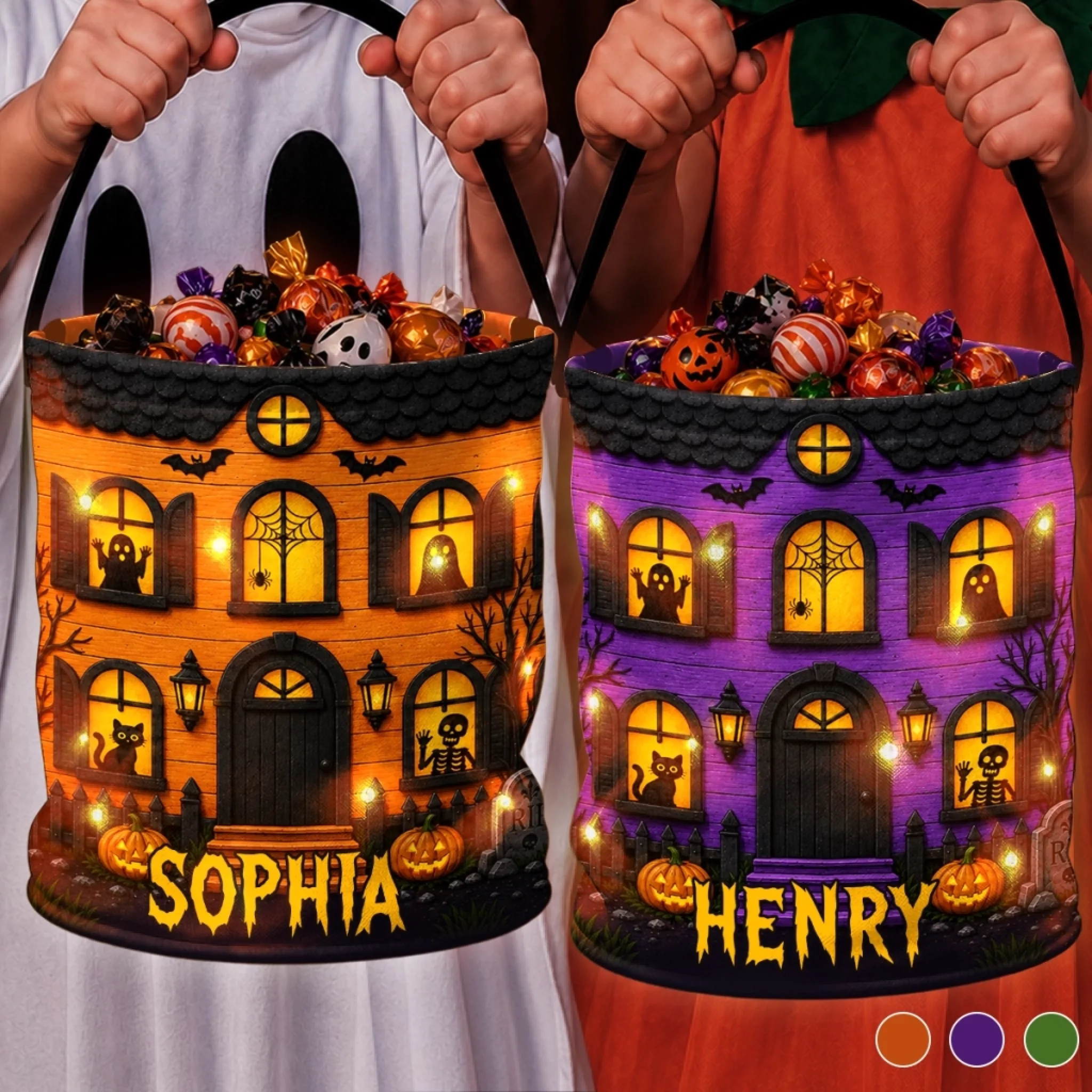 Custom LED Light Bucket Bag, Personalized Boo Crew Lives Here Halloween Birthday Gift for Kids