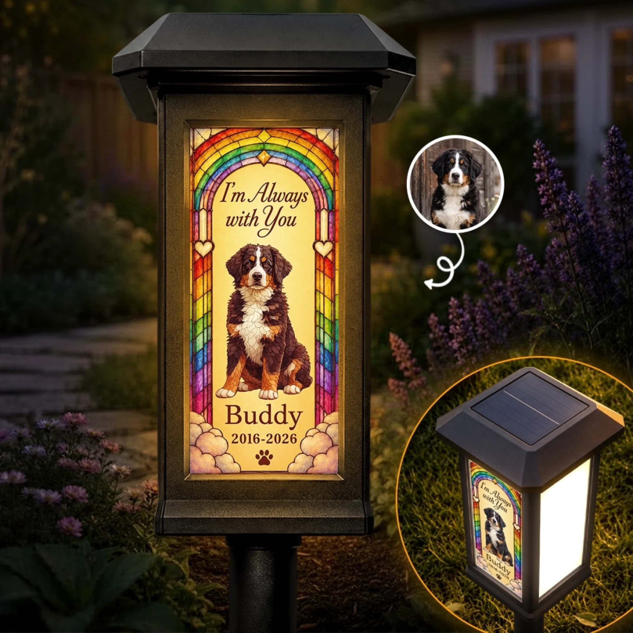 Custom Photo Solar Garden Light, Personalized Pet Memorial Sympathy Gift for Dogs & Cats, Rainbow Bridge